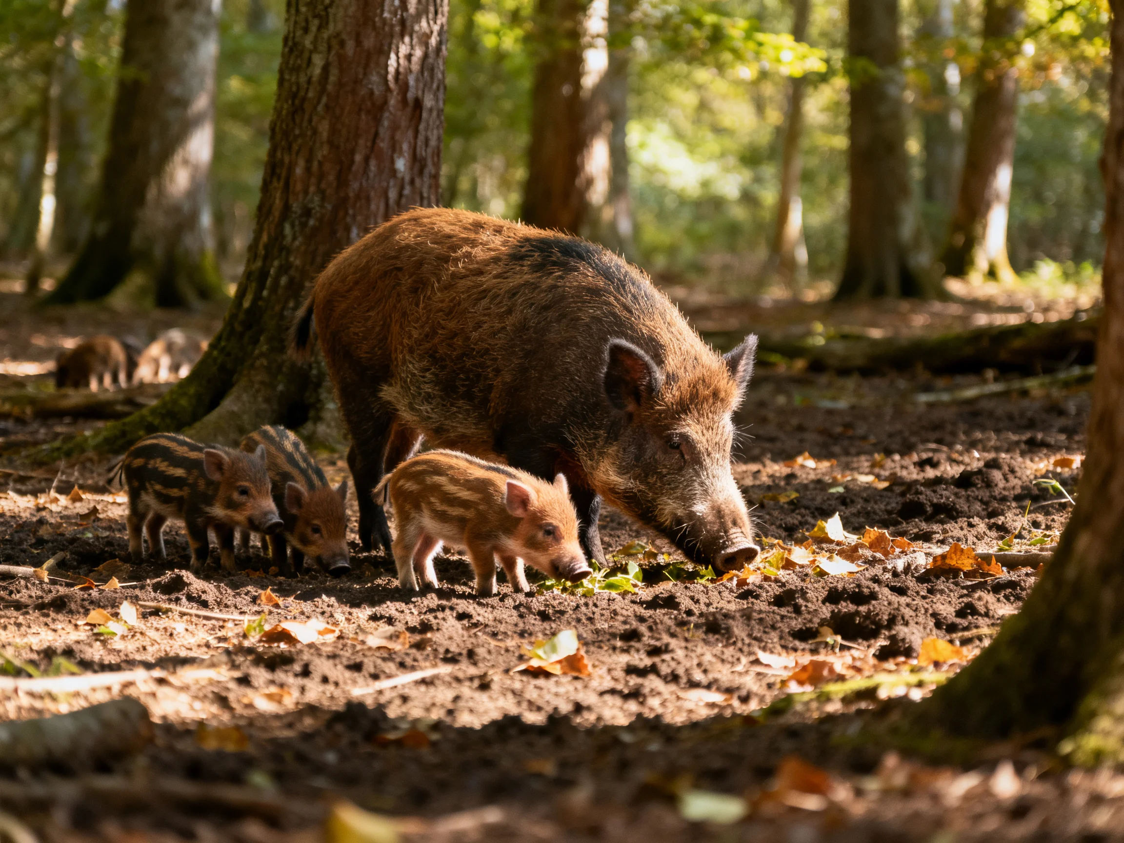 A brown boar and striped piglets forage in a sun-dappled forest