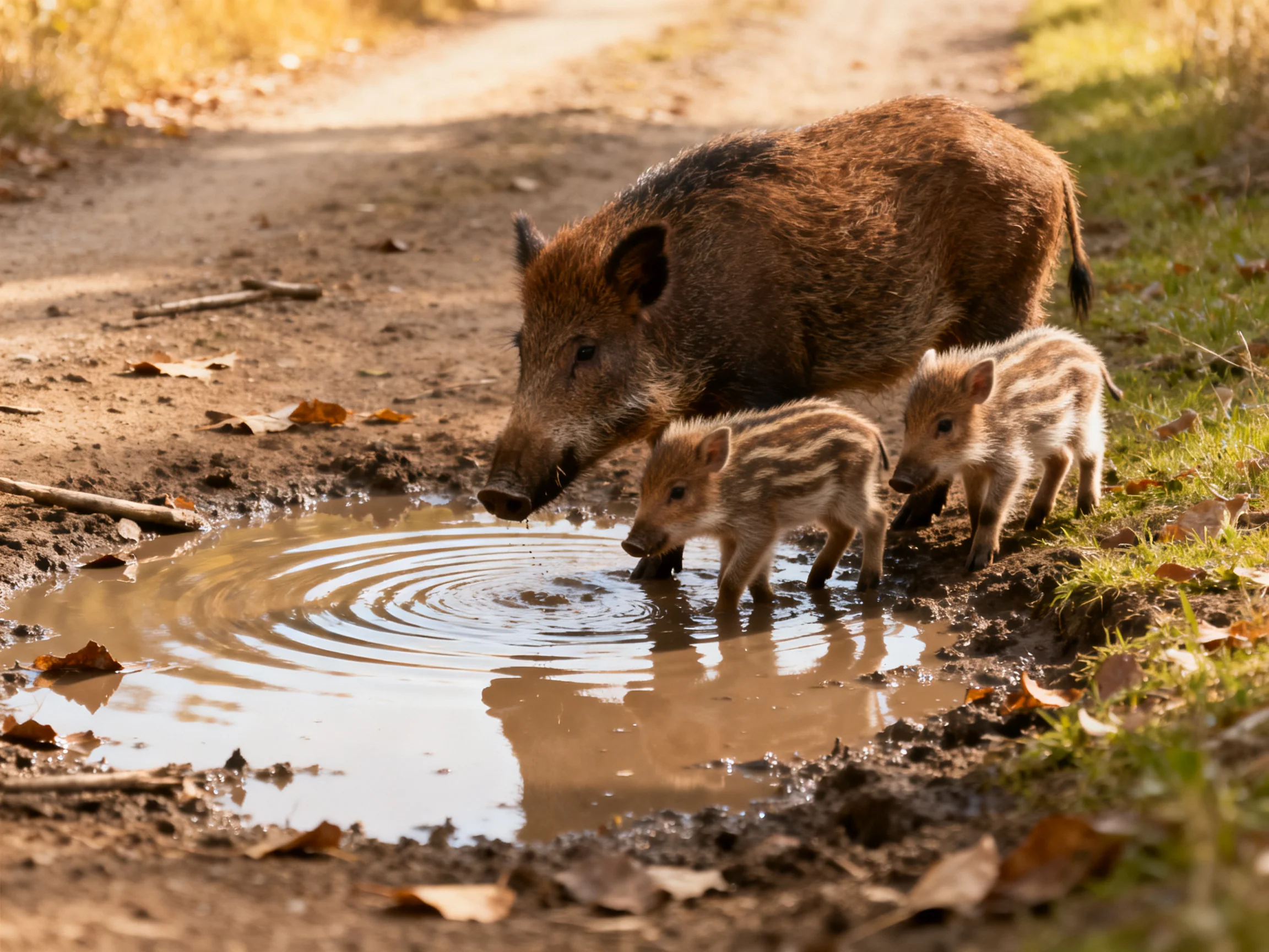 A brown boar and two striped piglets drink from a muddy puddle