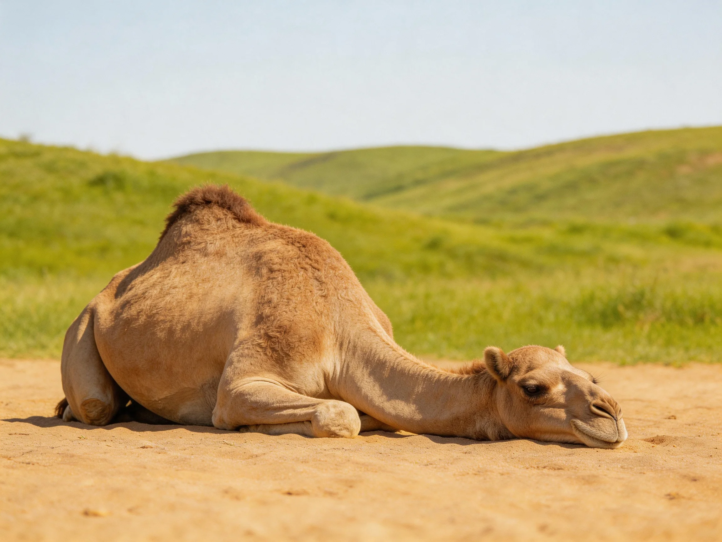 A brown camel rests on sandy terrain near rolling green hills