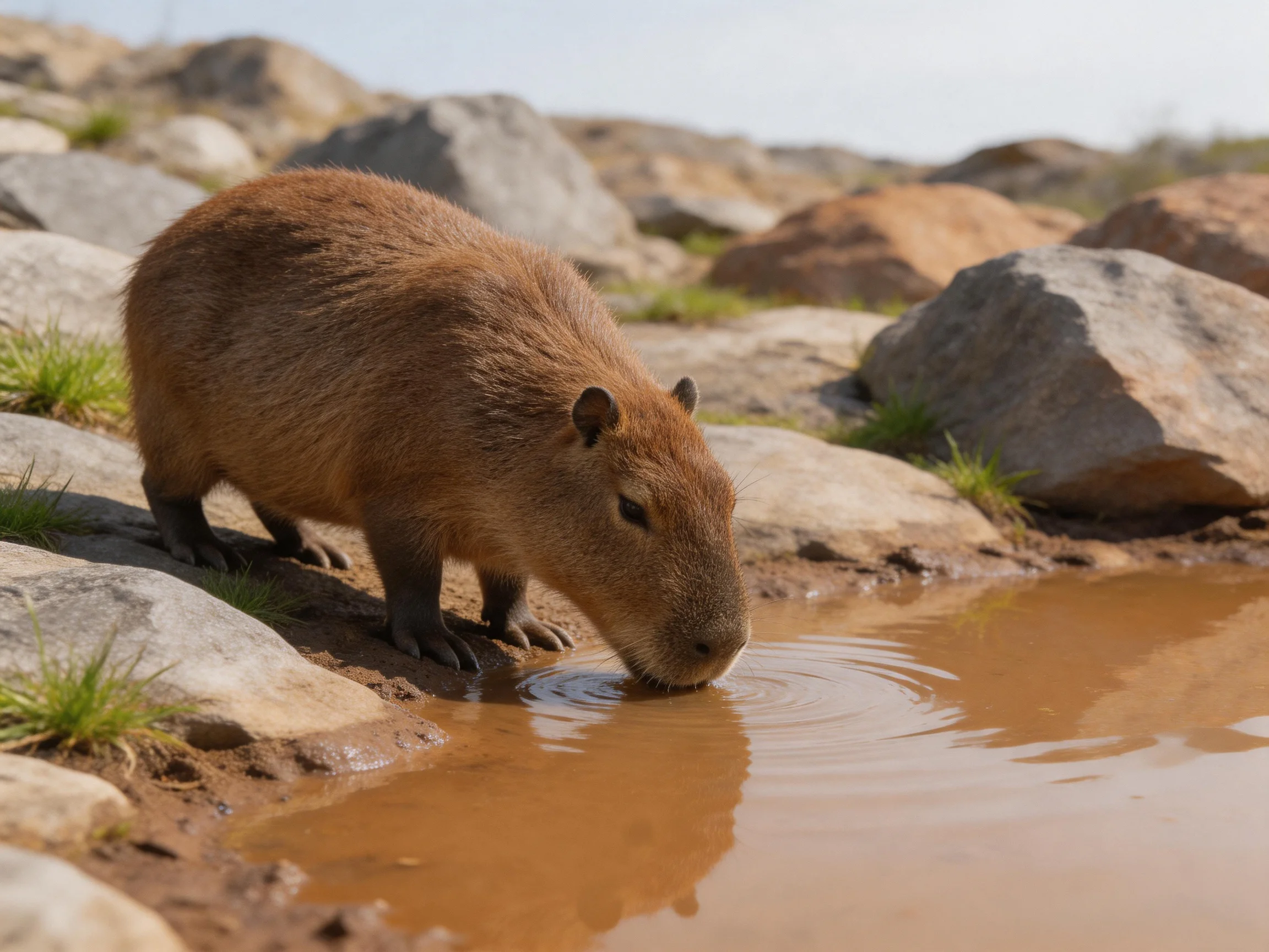 A brown capybara drinks from muddy water by large stones