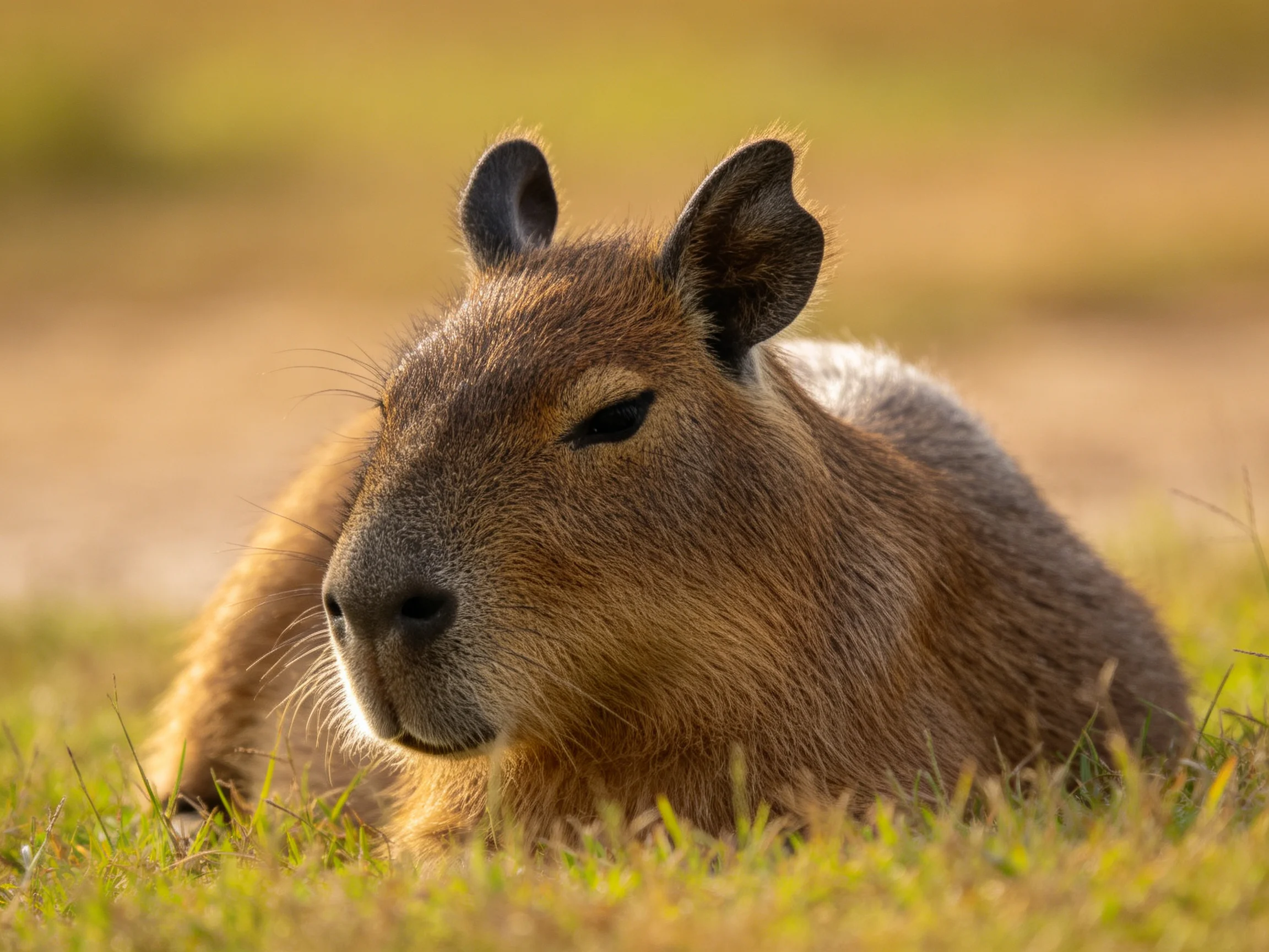A brown capybara rests calmly amid sunlit grass with a blurred background