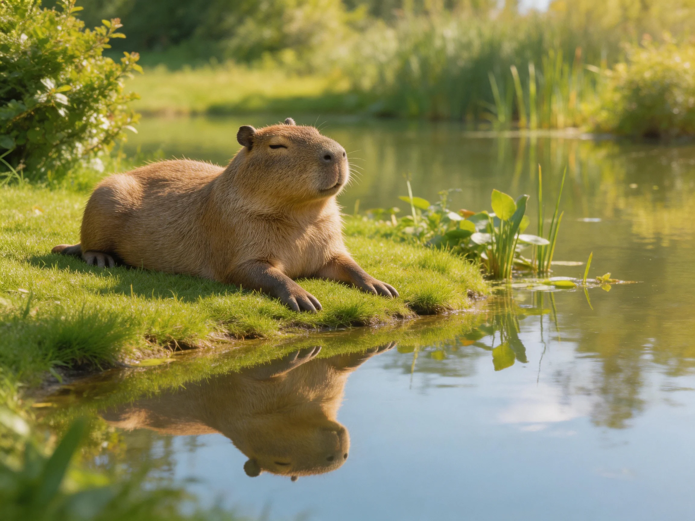 A brown capybara rests near calm blue water with lush greenery