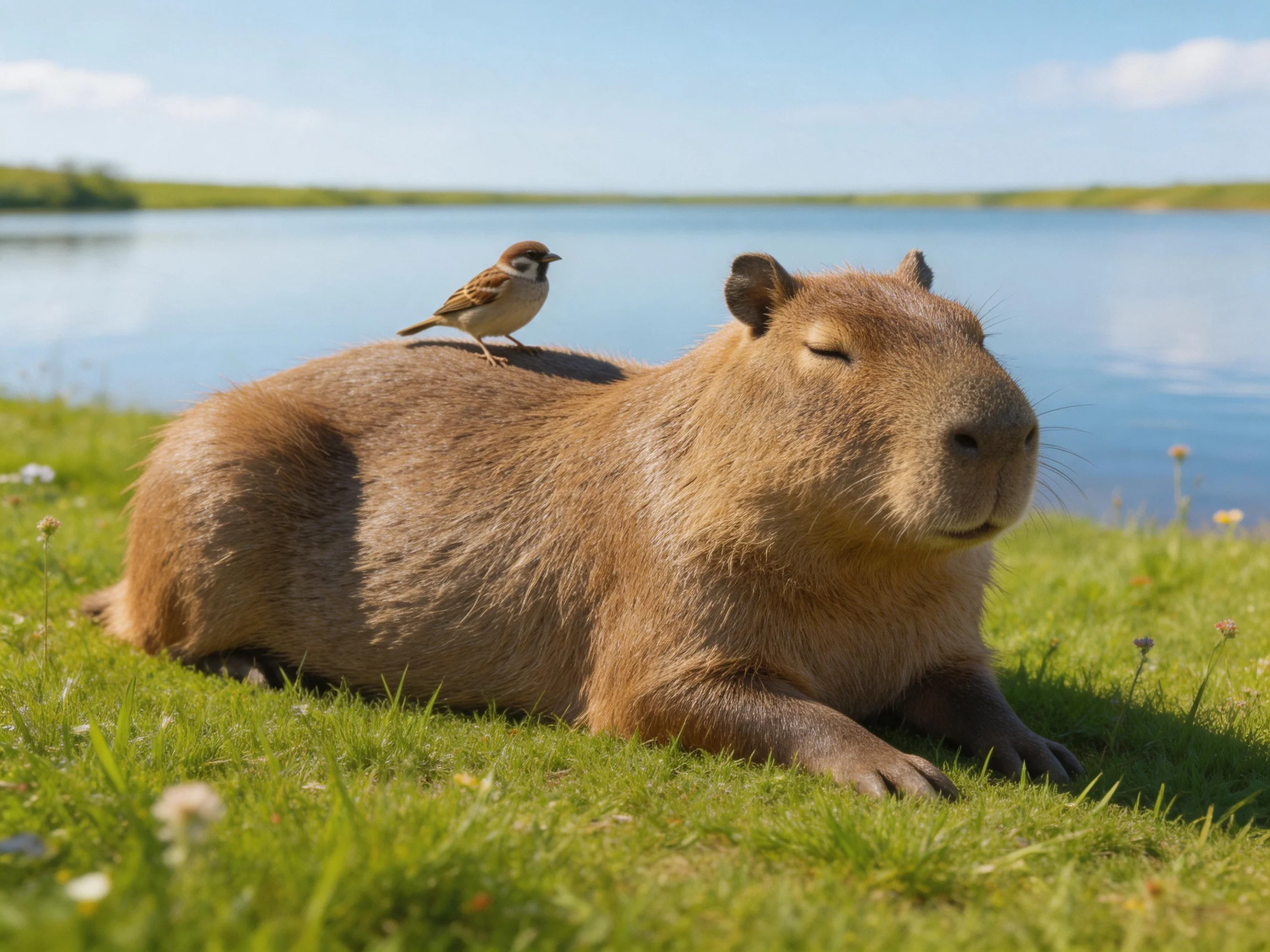 A brown capybara rests on grass by calm water with a small sparrow