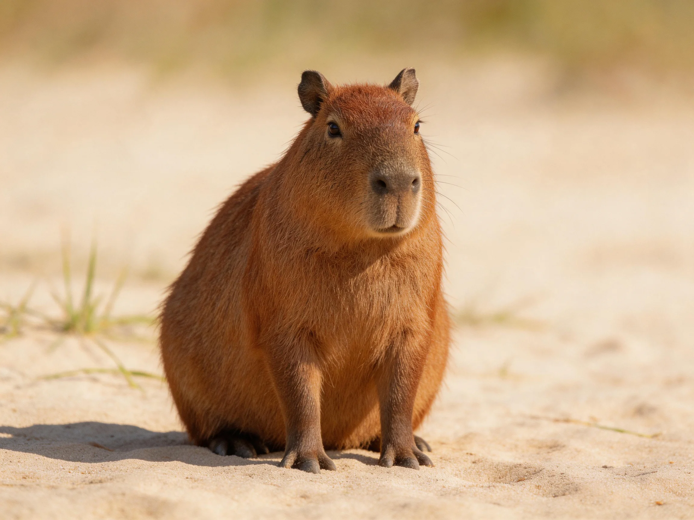 A brown capybara sits calmly on sandy ground near sparse plants.