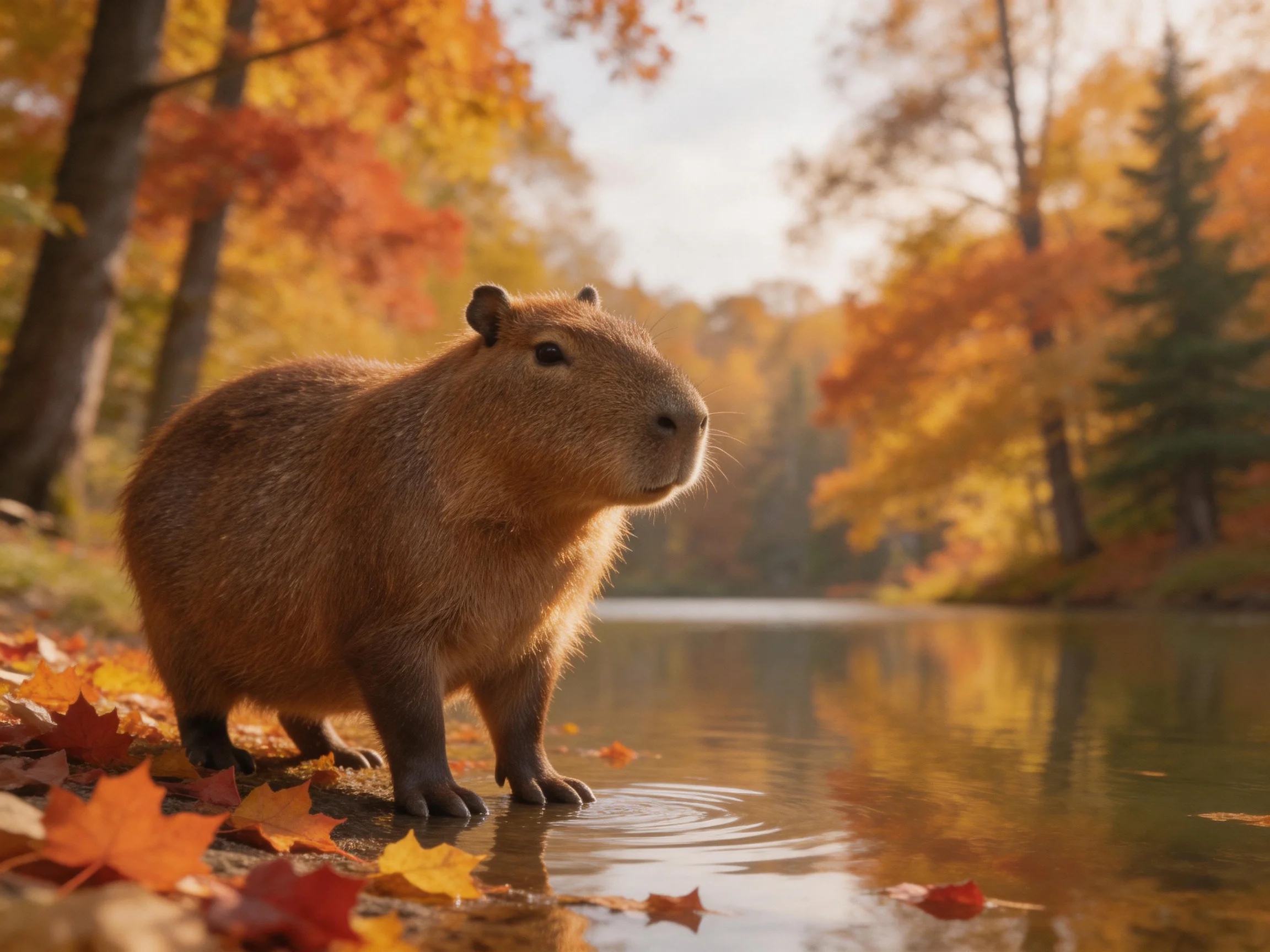 A brown capybara stands by a calm autumn river amid colorful trees.