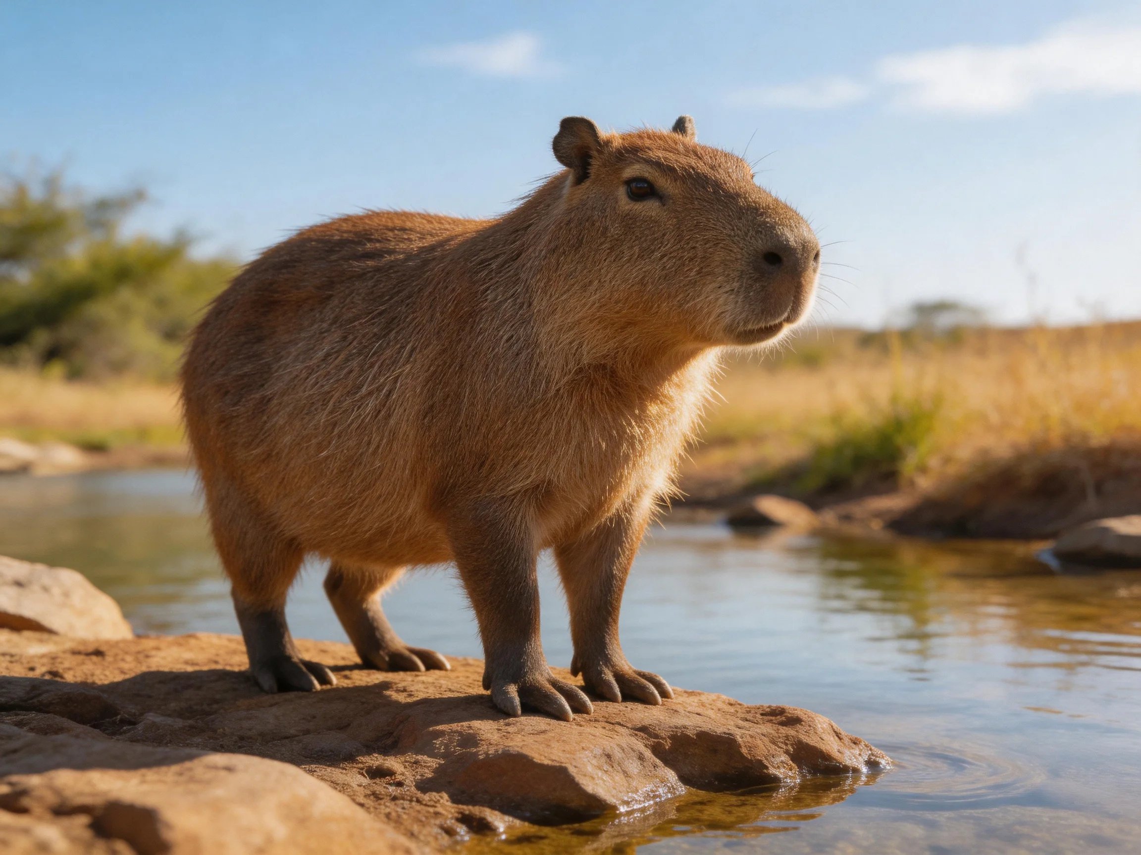 A brown capybara stands by a calm stream in a sunny landscape