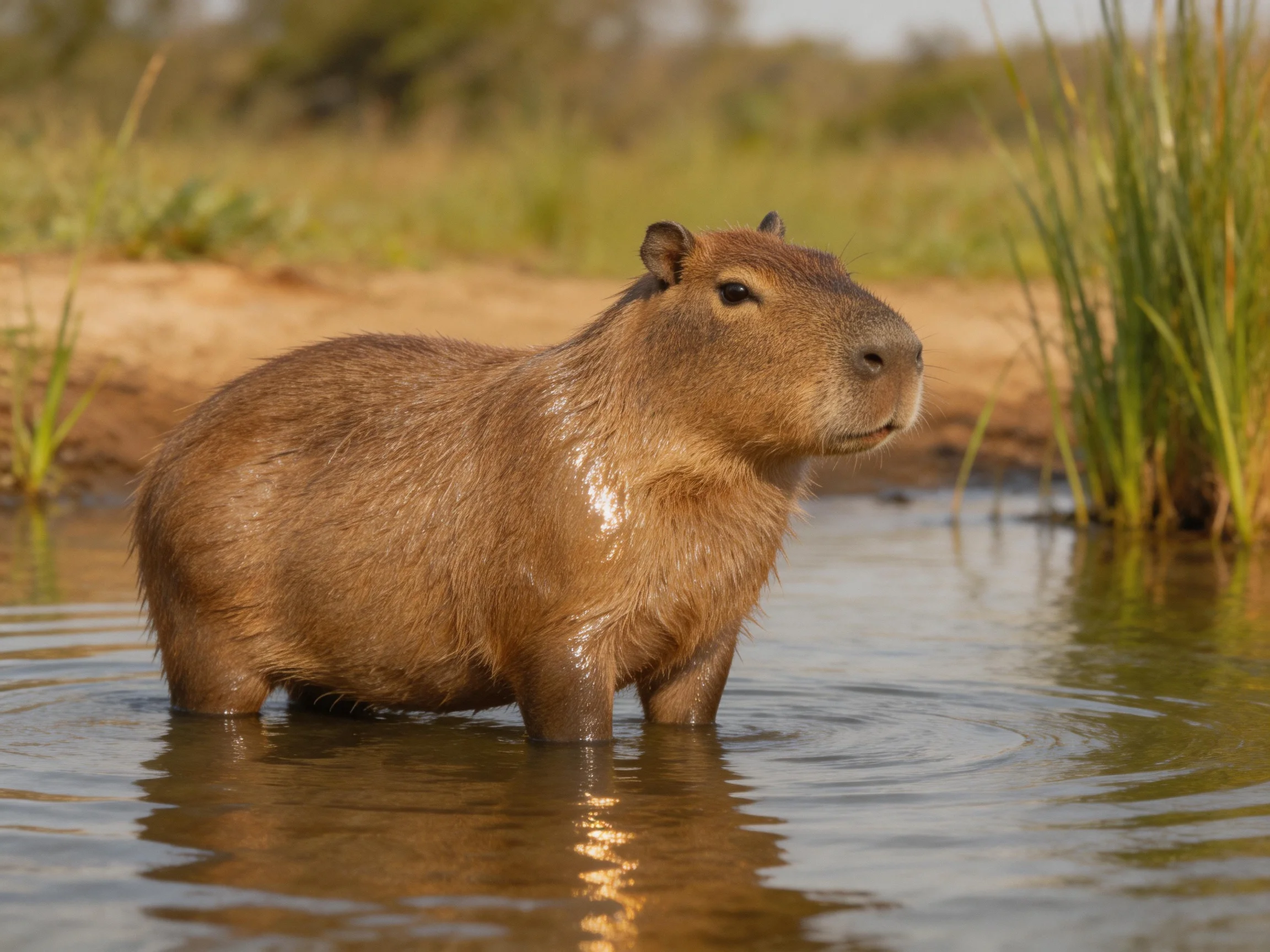 A brown capybara stands in shallow water near tall green reeds