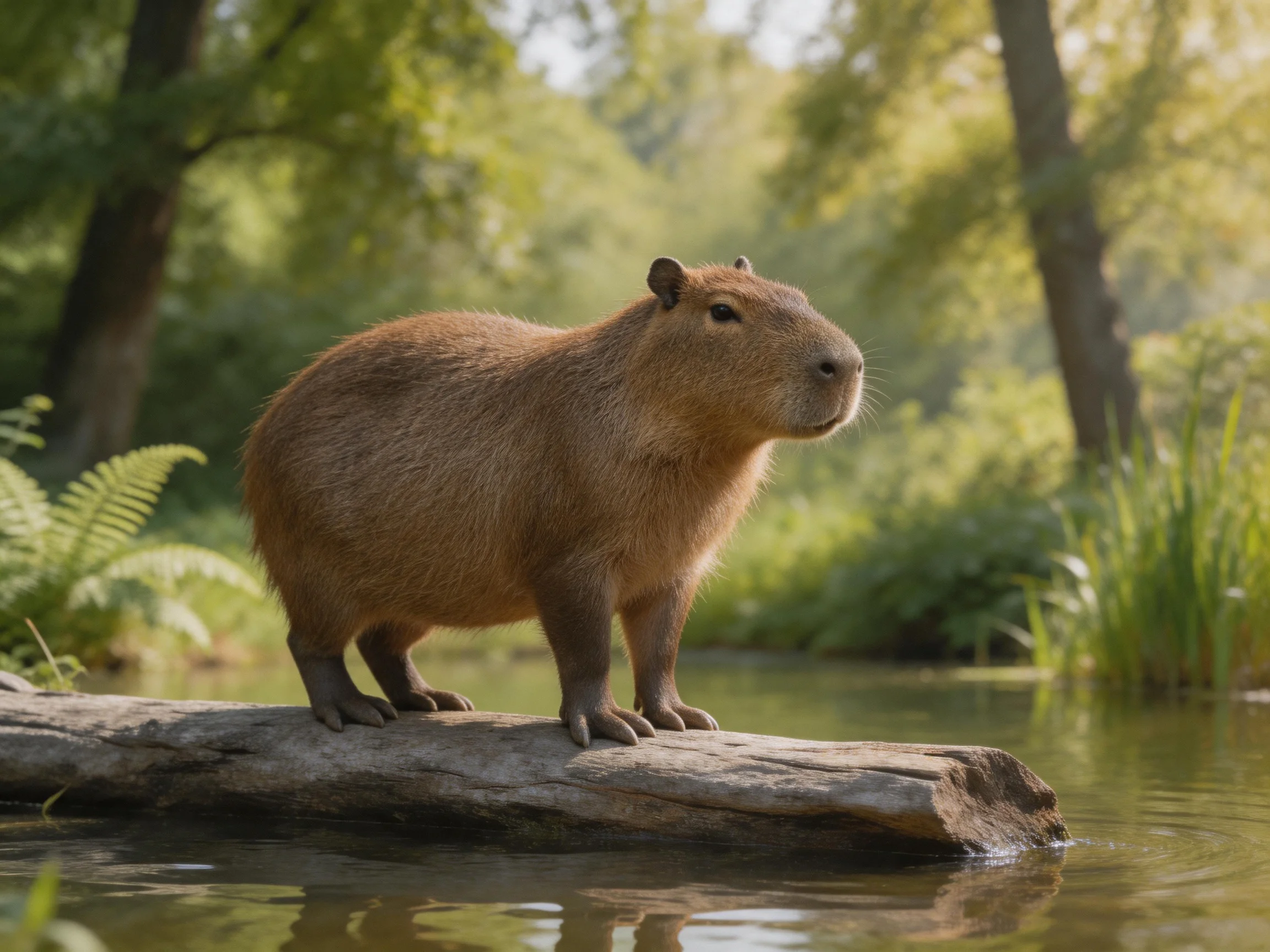 A brown capybara stands on a weathered log near calm water