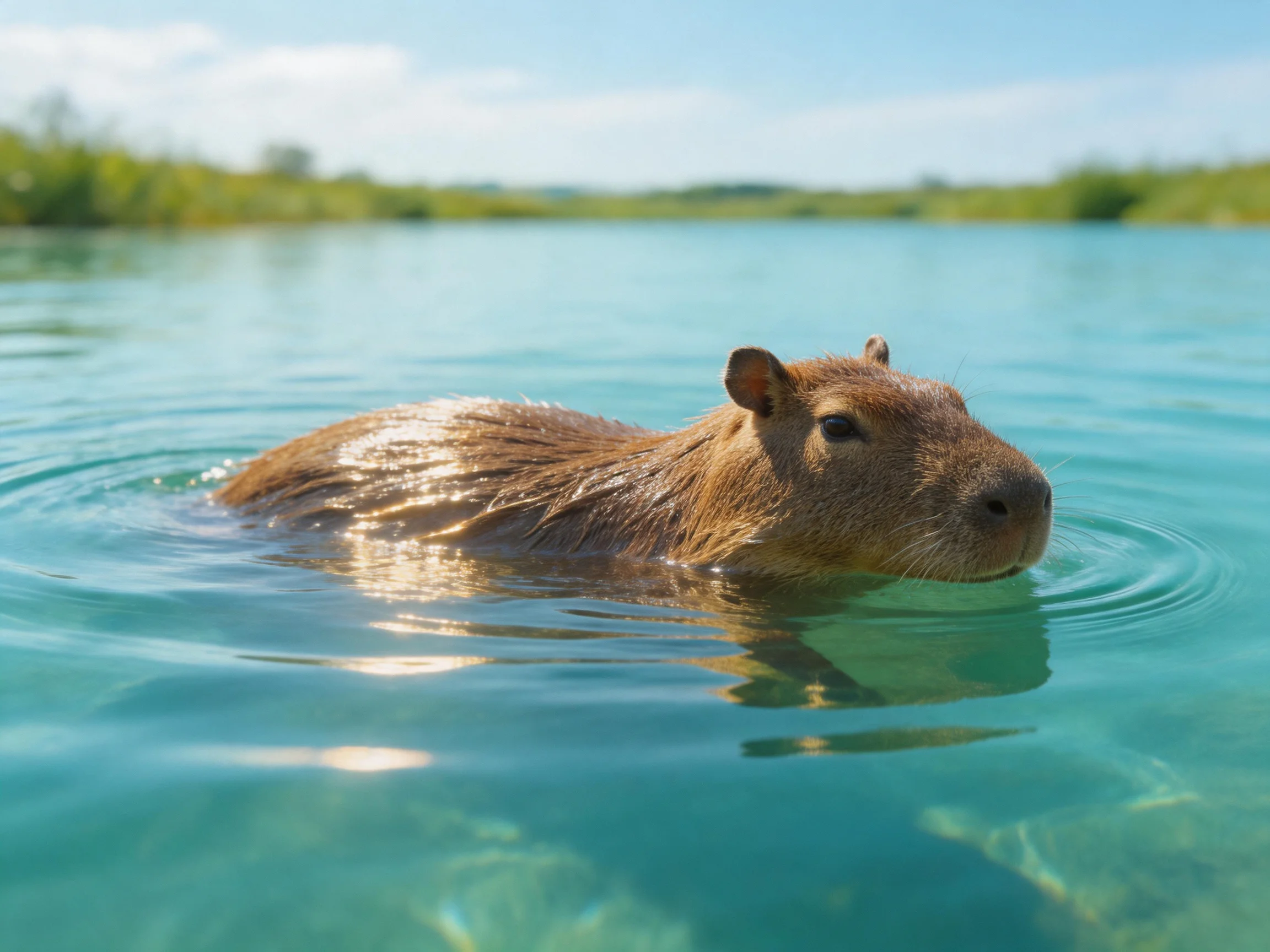 A capybara floats serenely in clear turquoise water near greenery.