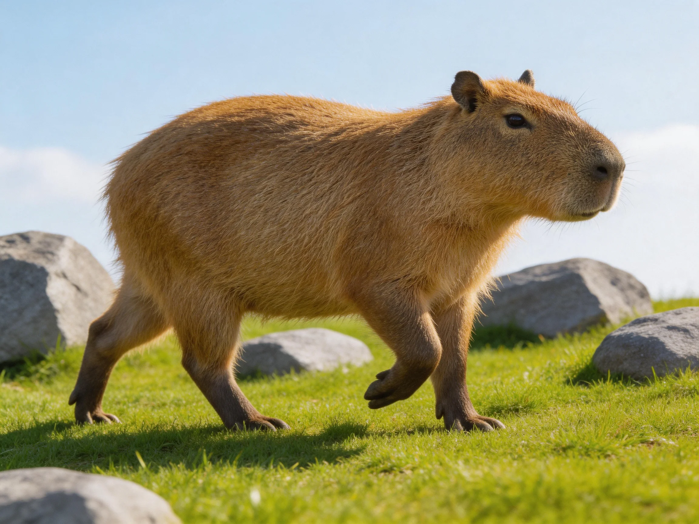 A brown capybara moves across green grass next to large gray rocks.