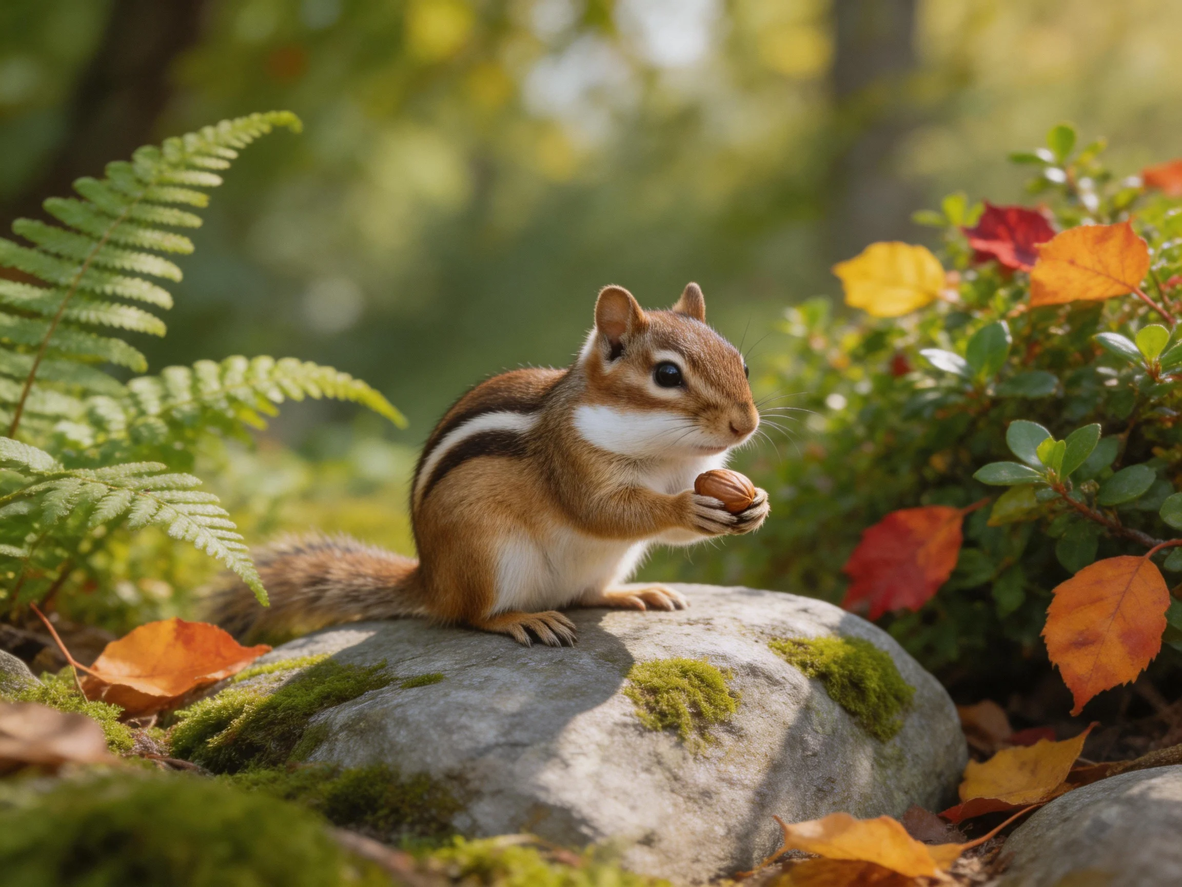 A brown chipmunk holds a nut on a moss-covered rock amid autumn foliage