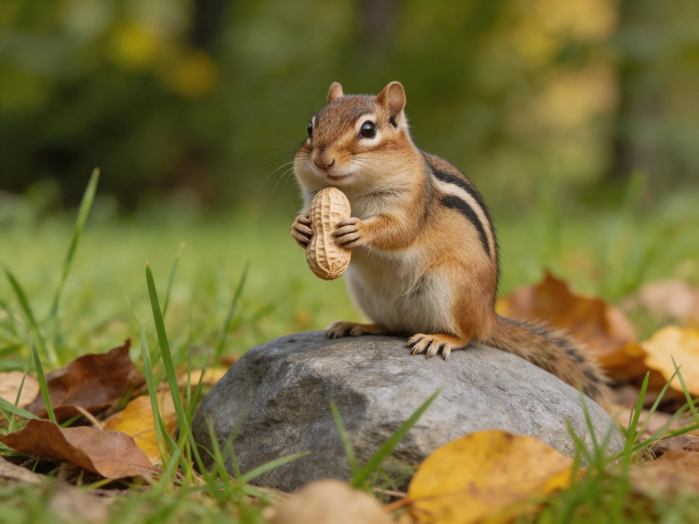 A brown chipmunk holds a peanut on a gray rock amid autumn foliage