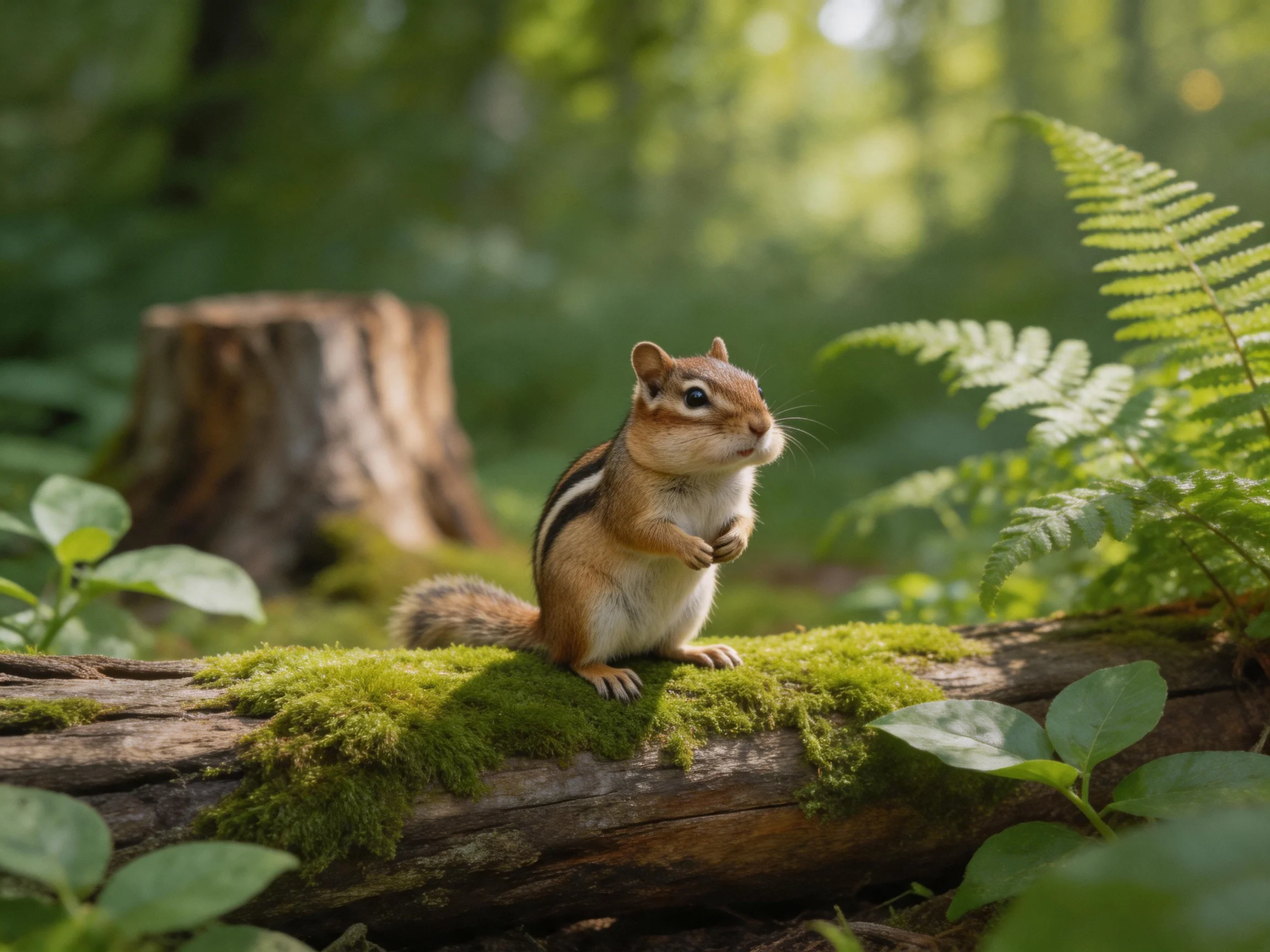 A brown chipmunk sits on a moss-covered fallen log in a sun-dappled forest