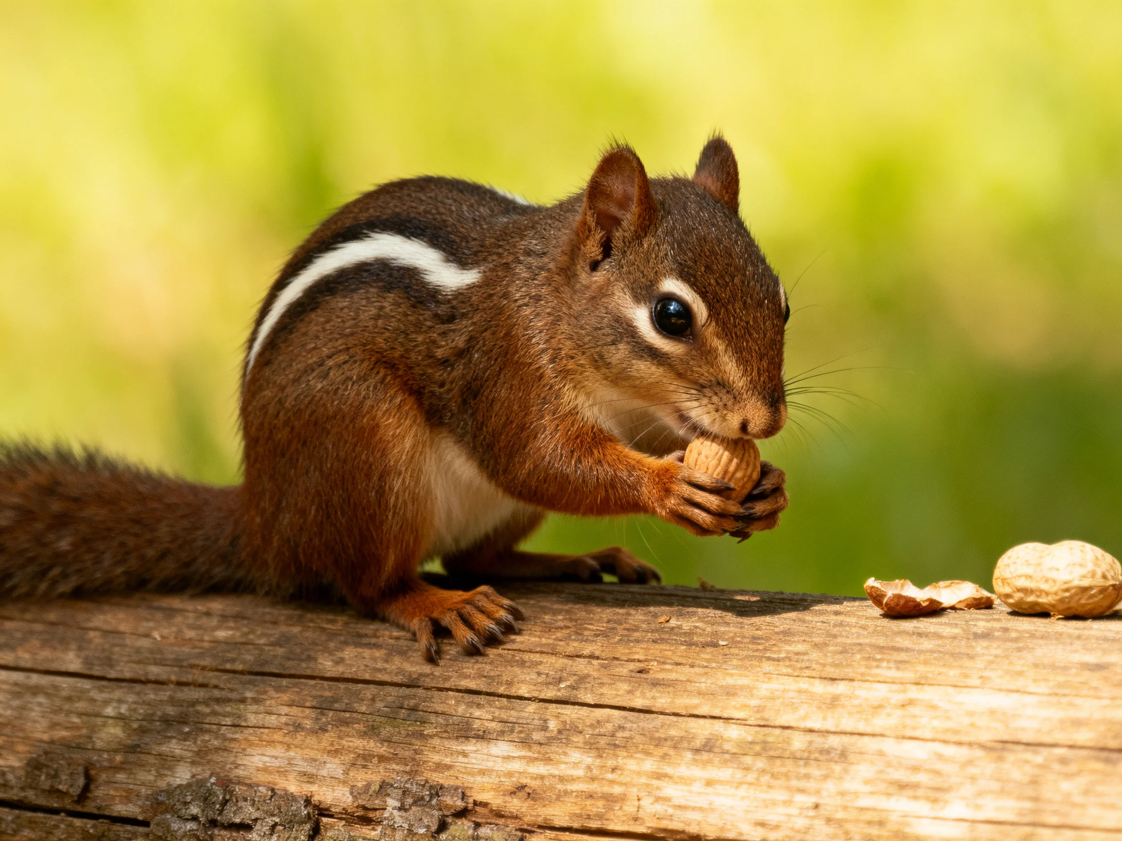 A brown chipmunk with a white stripe eats nuts on a log
