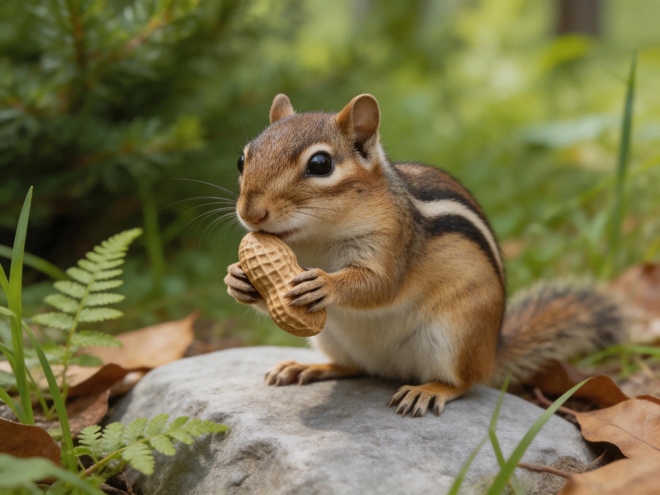 A brown chipmunk with black stripes holds a peanut on a rock amid green foliage