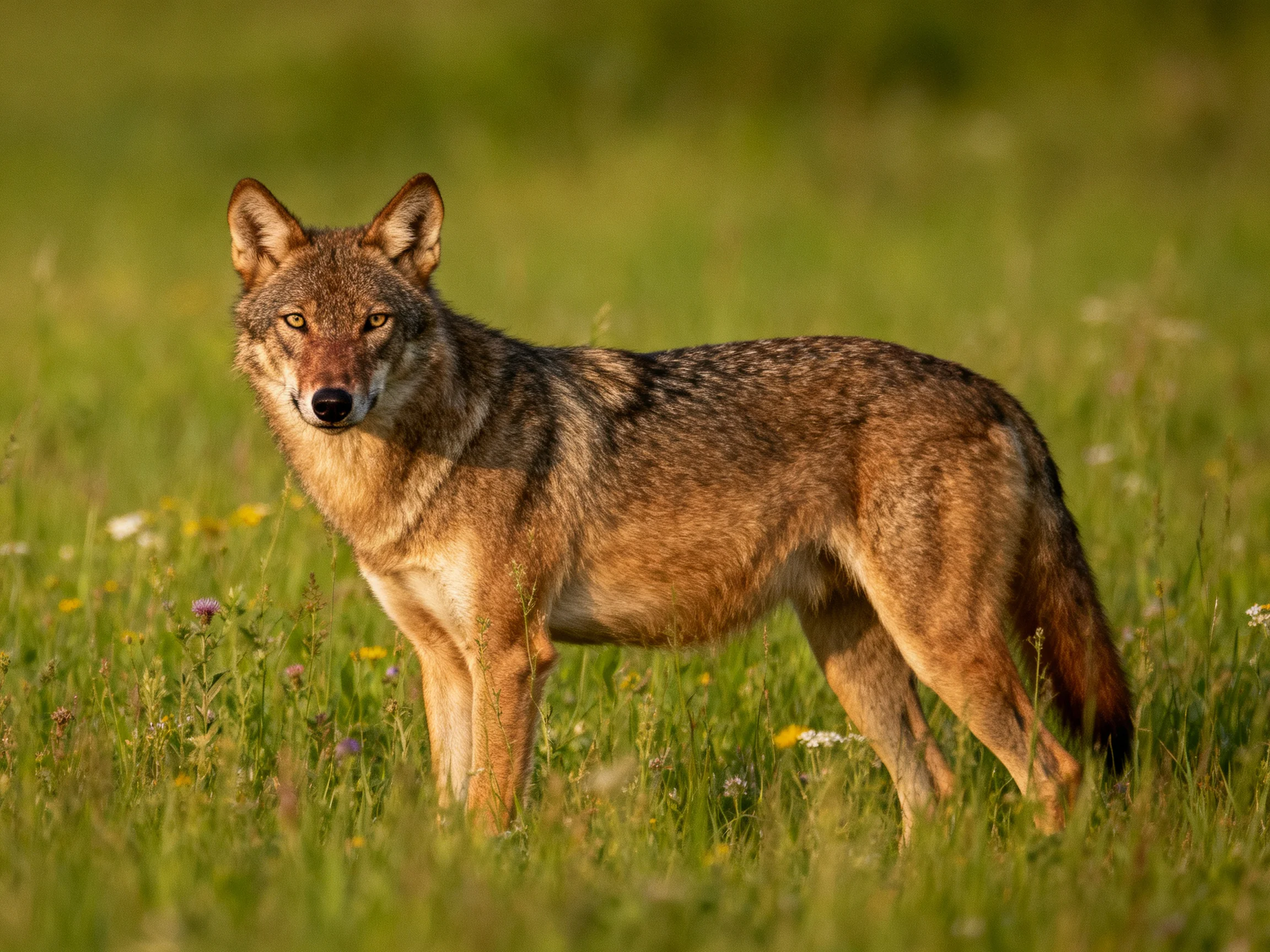 A brown-coated canid in a sunlit green meadow