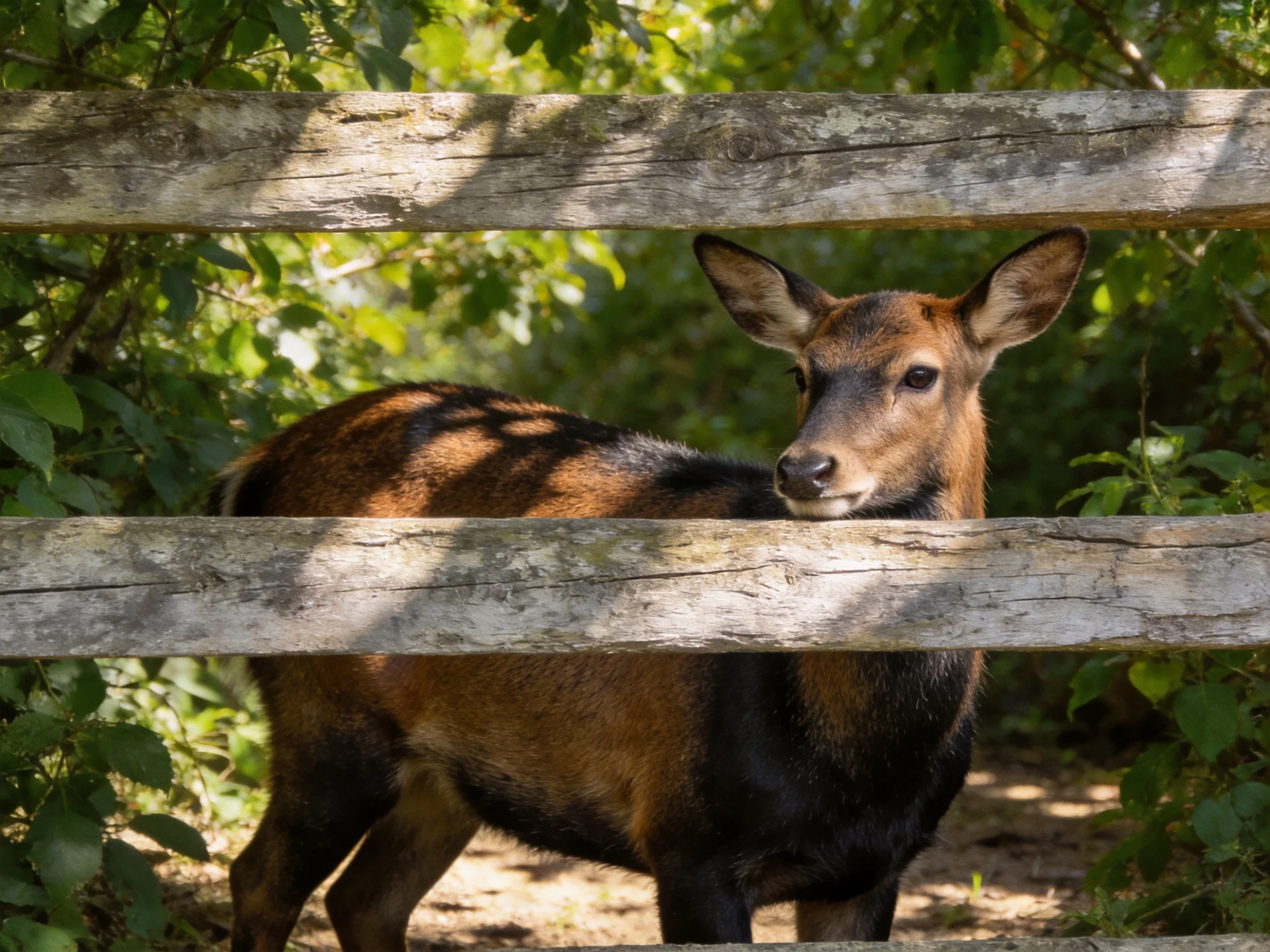 A brown-coated deer behind weathered wooden rails amid greenery