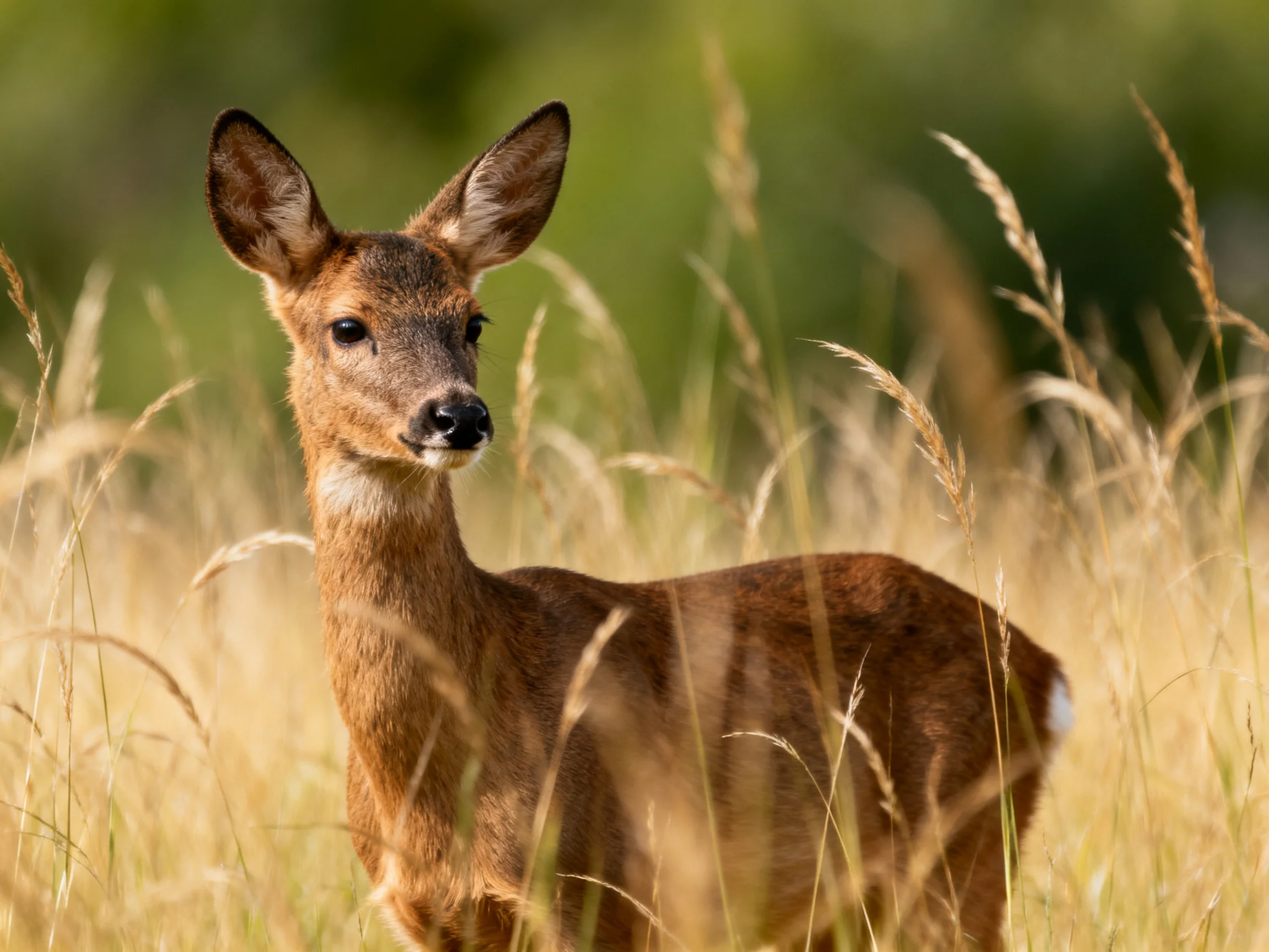A brown-coated deer in tall golden grasses