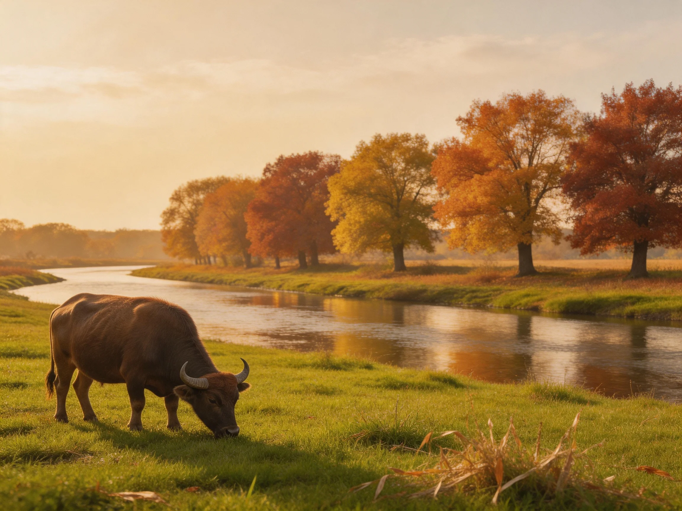 A brown cow feeds beside a calm river bordered by colorful fall trees.