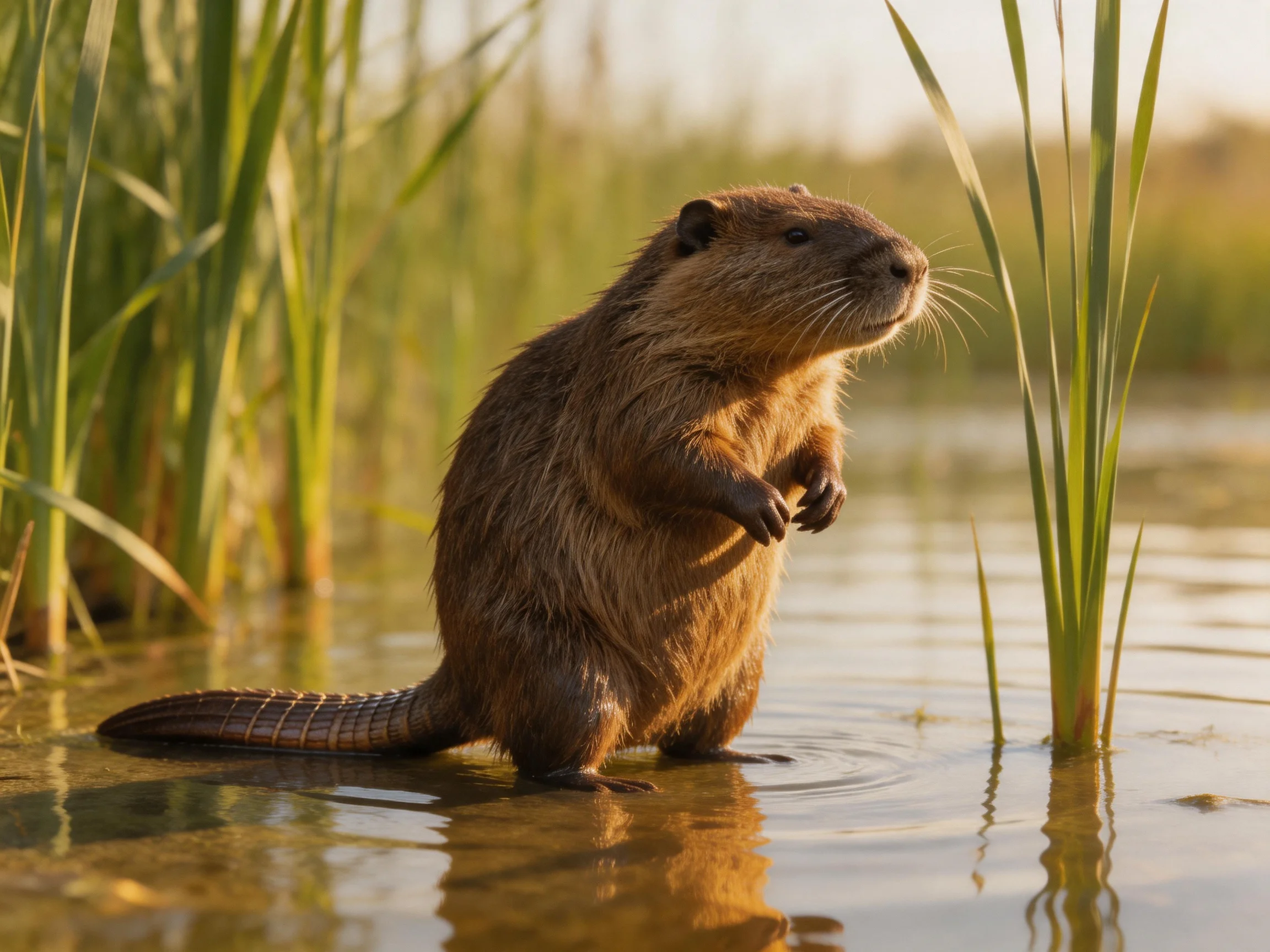 A brown coypu stands alert in shallow water among tall green reeds