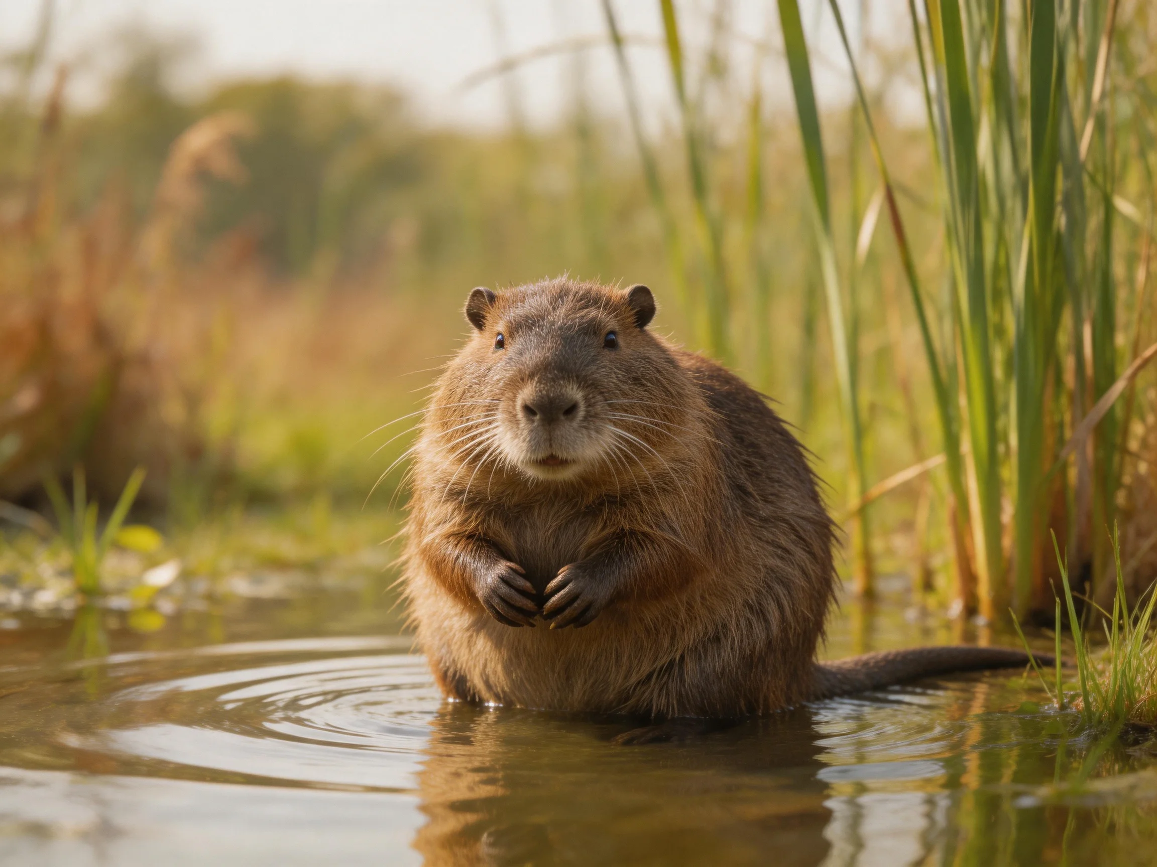 A brown coypu stands in shallow water near tall green reeds