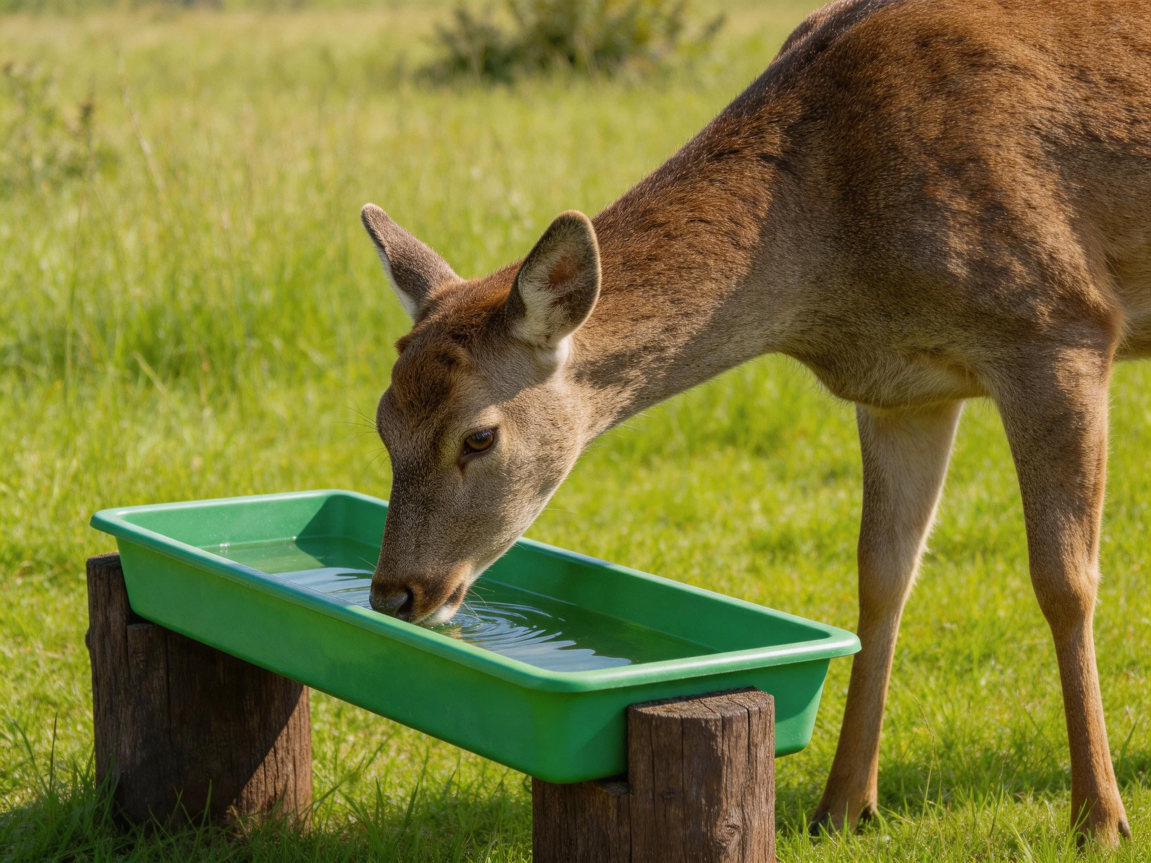 A deer drinks from a green trough in a sunlit grassy area.