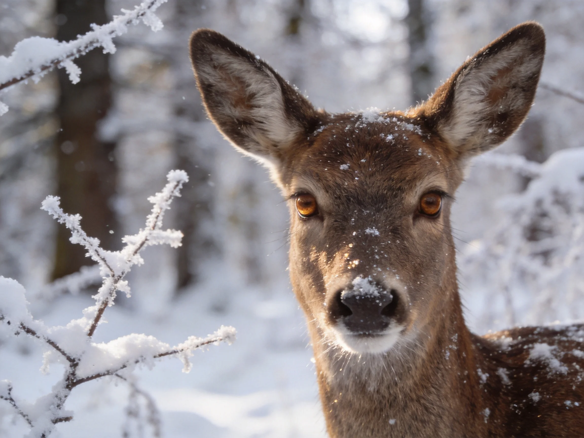 A brown deer is surrounded by snow-laden trees in a peaceful winter forest.