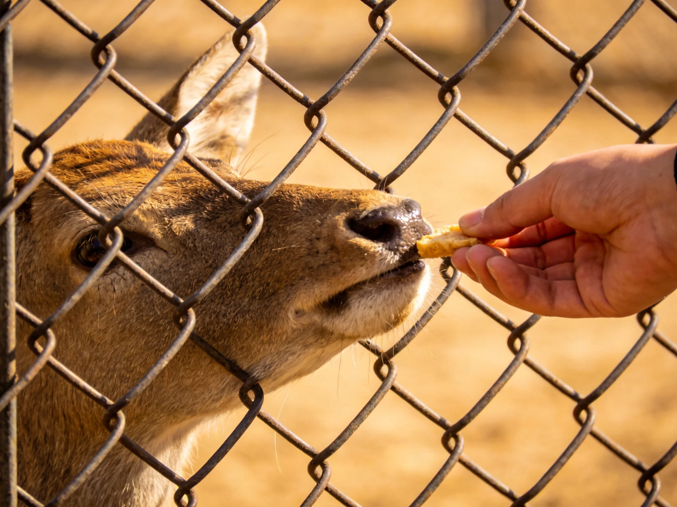 A brown deer feeds from a human hand through a chain-link fence