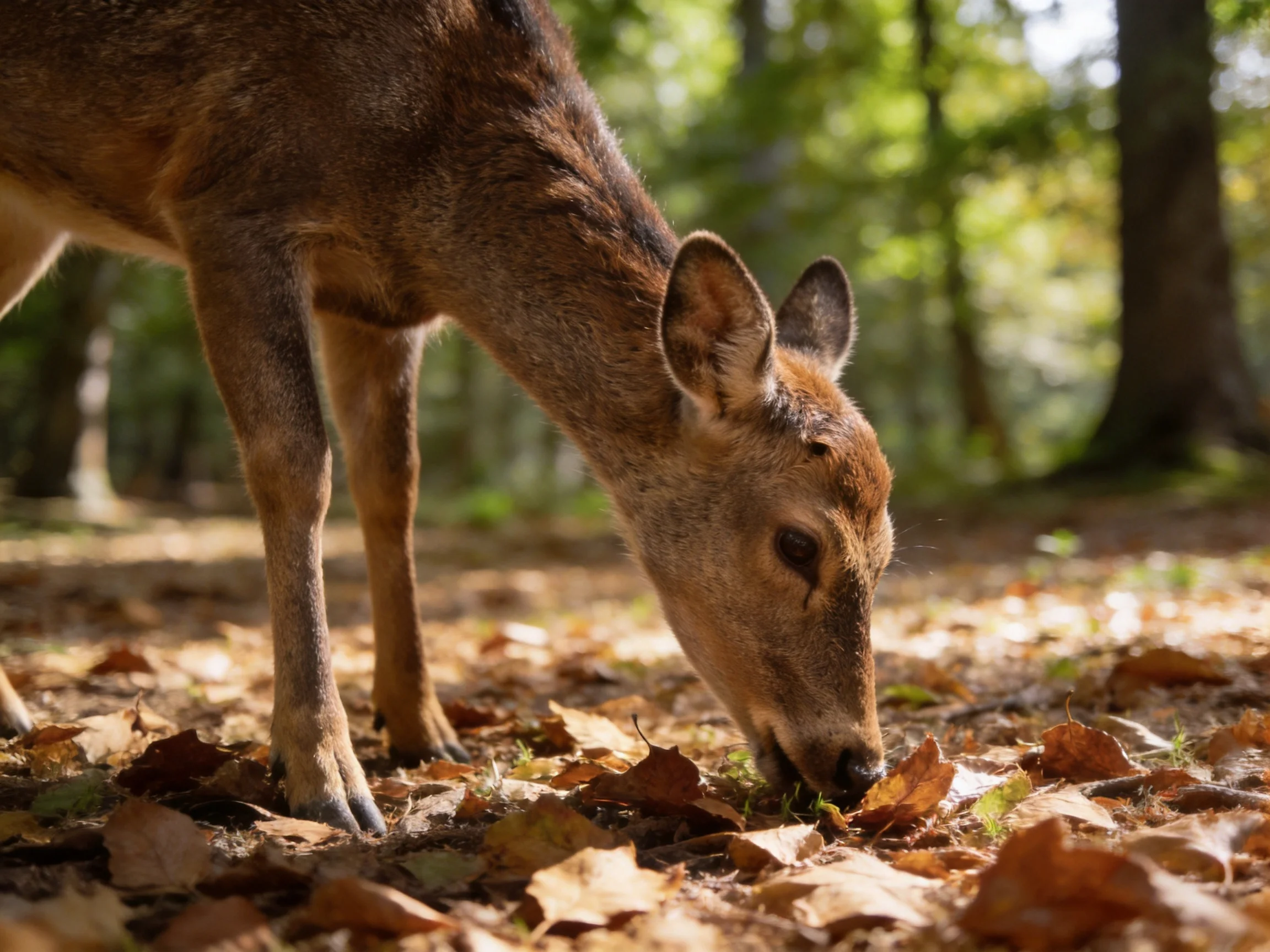A deer forages among fallen leaves in a sunlit forest.