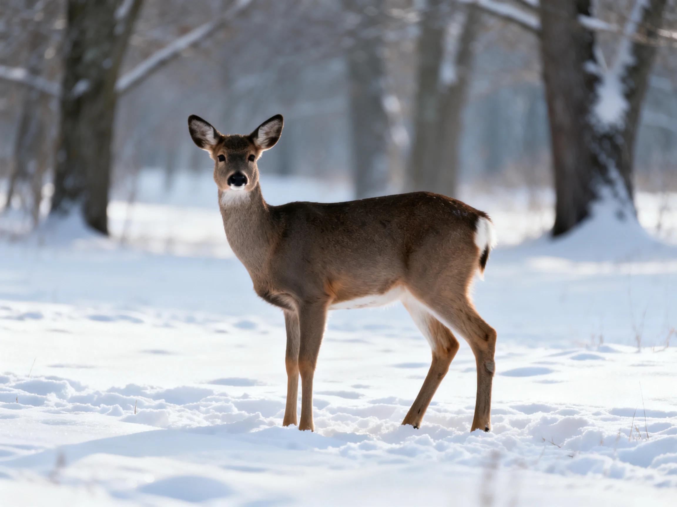 A deer stands in a snowy forest with surrounding trees