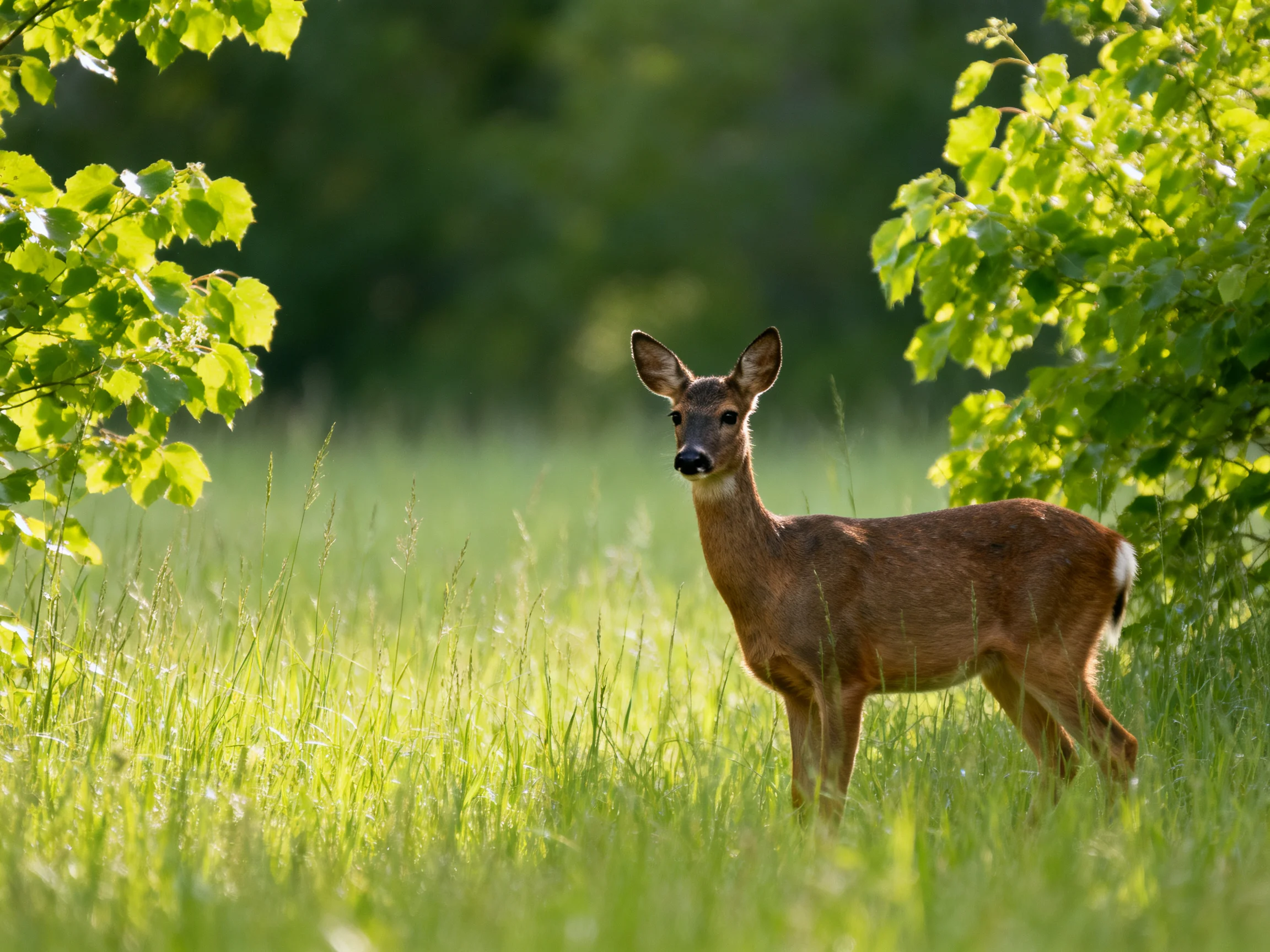 A deer stands in a sunlit meadow with tall grass and trees.