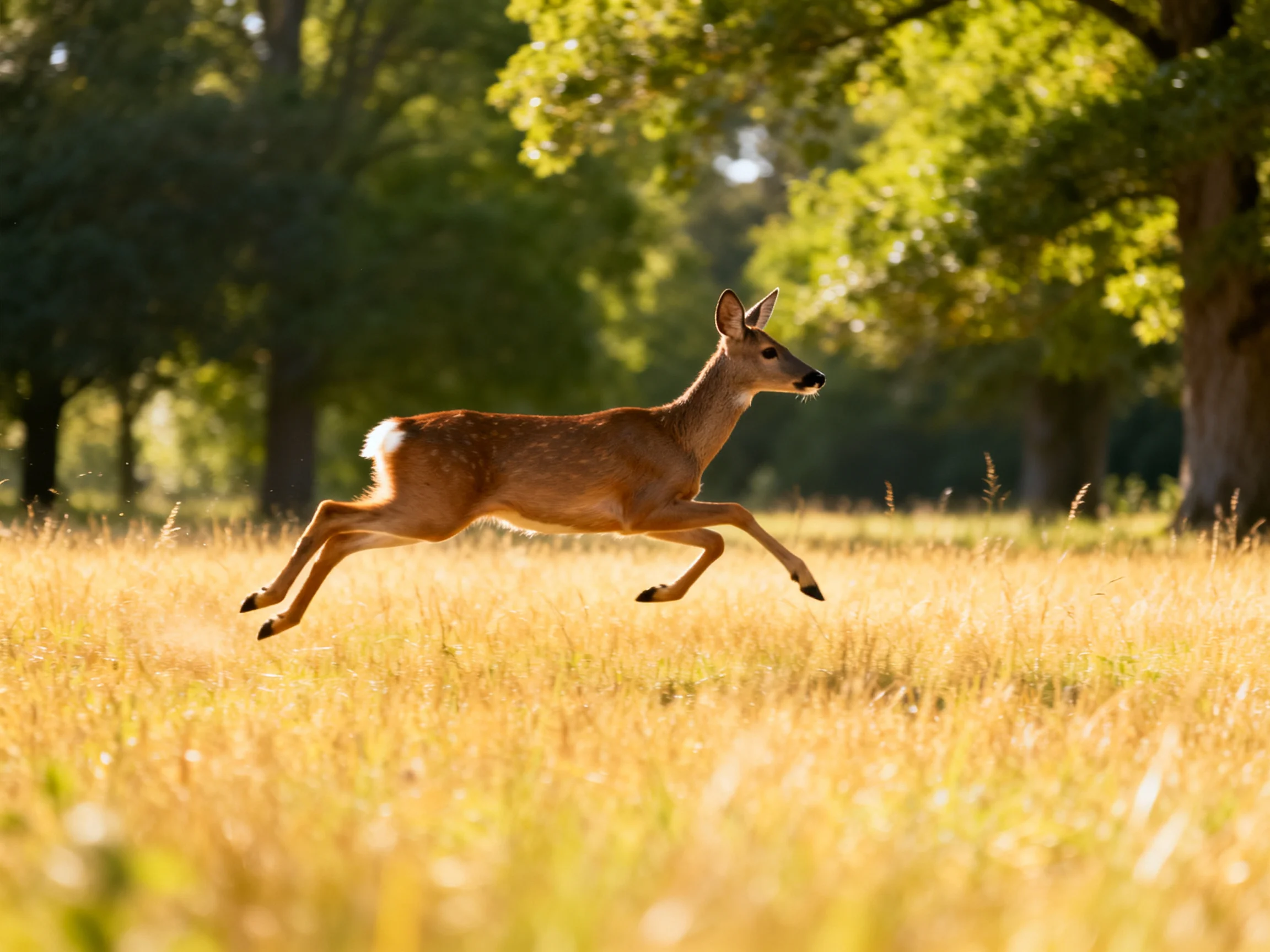 A brown deer leaps through golden grass near green trees