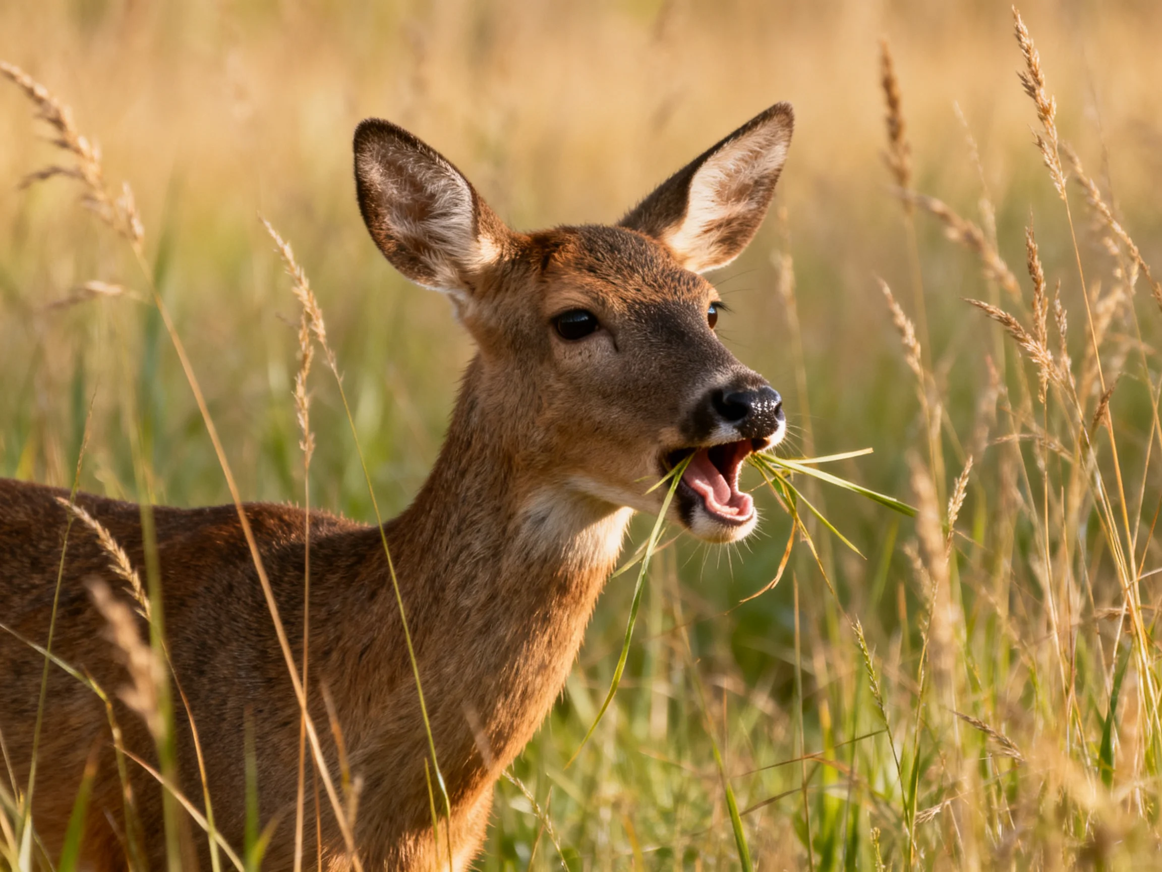 A brown deer munching grass amid tall golden wild grasses