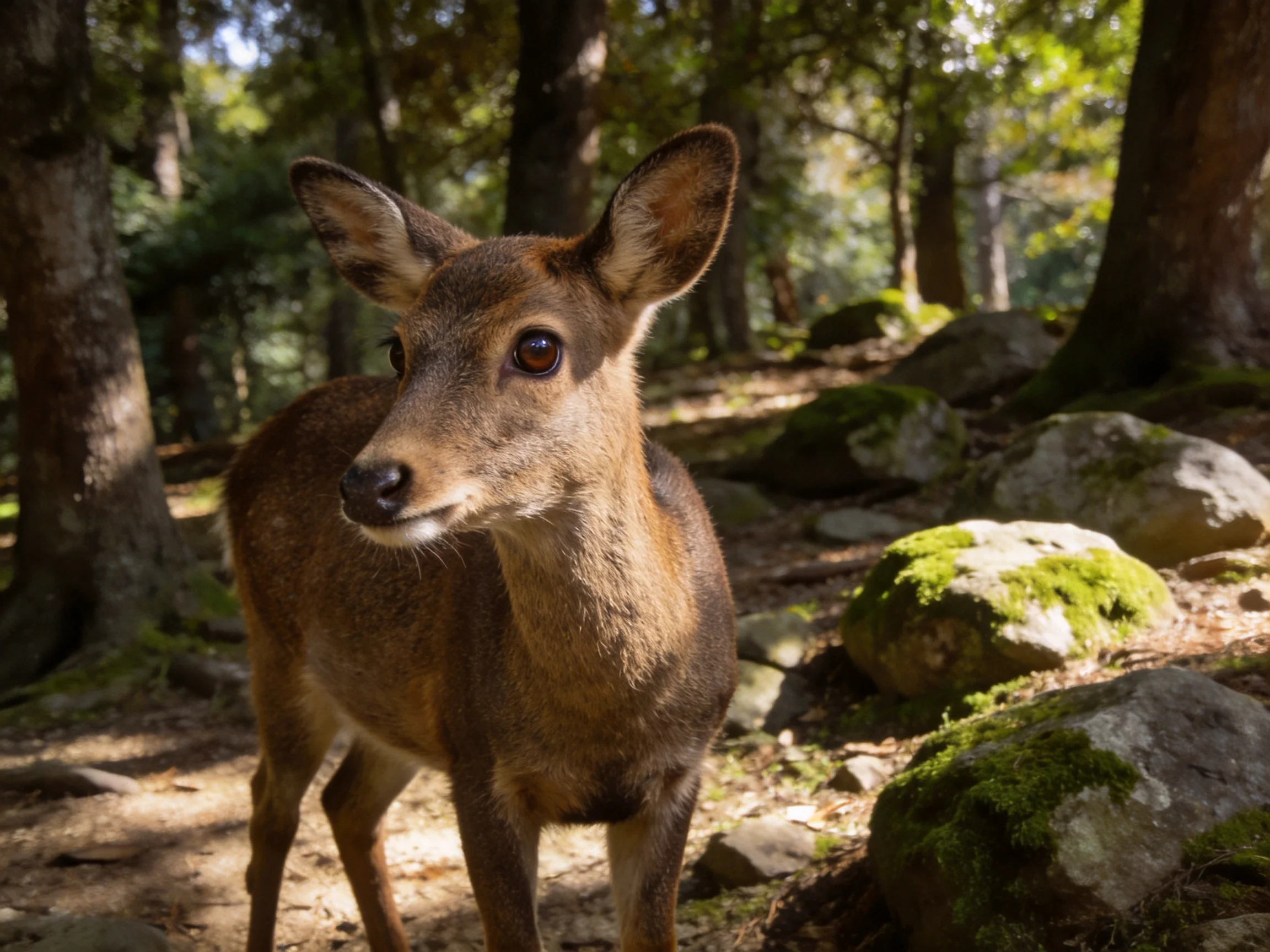 A brown deer near mossy rocks in a sunlit forest