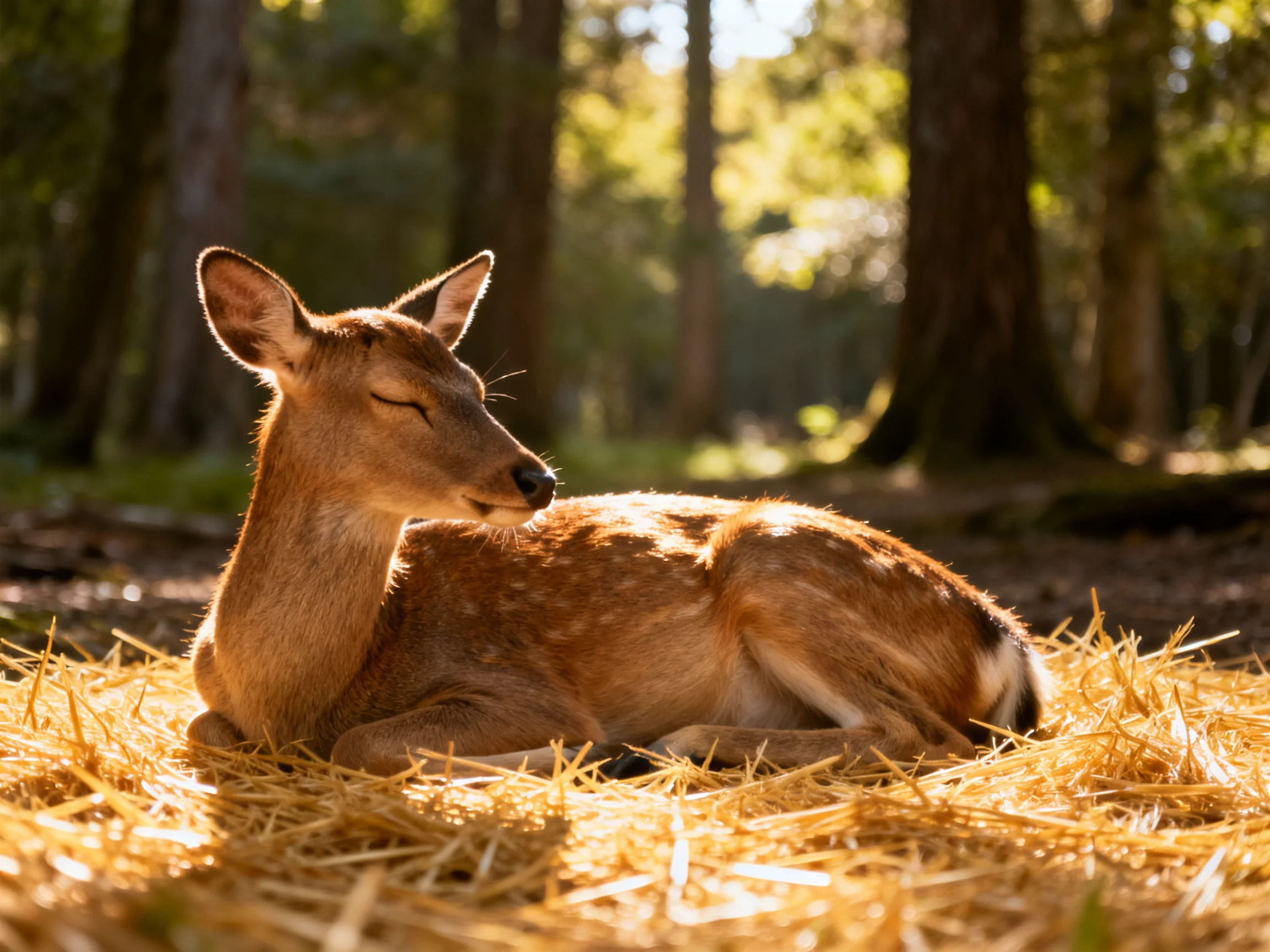 A brown deer rests on straw in a sunlit forest.