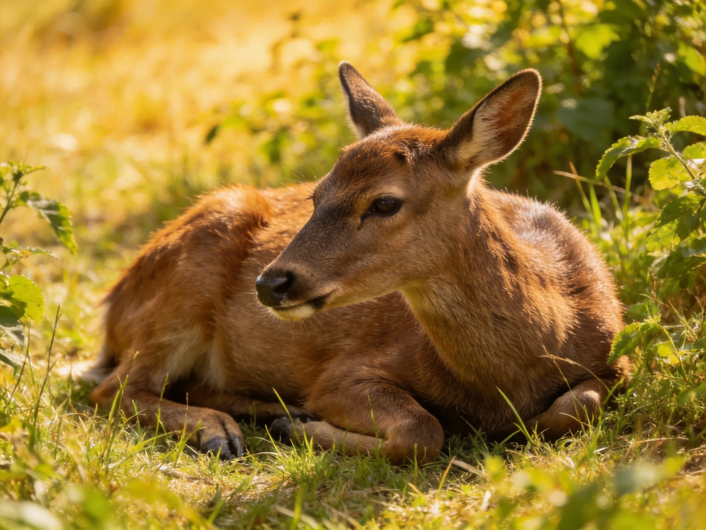 A brown deer rests in sunlit grass surrounded by green foliage