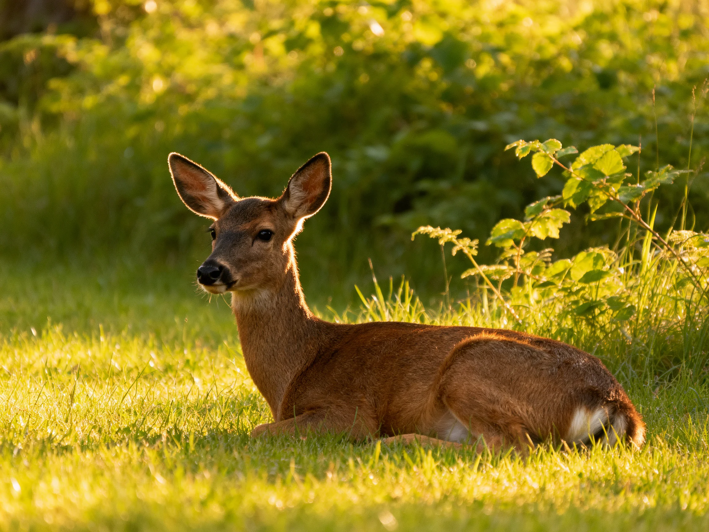 A brown deer rests in sunlit green meadow
