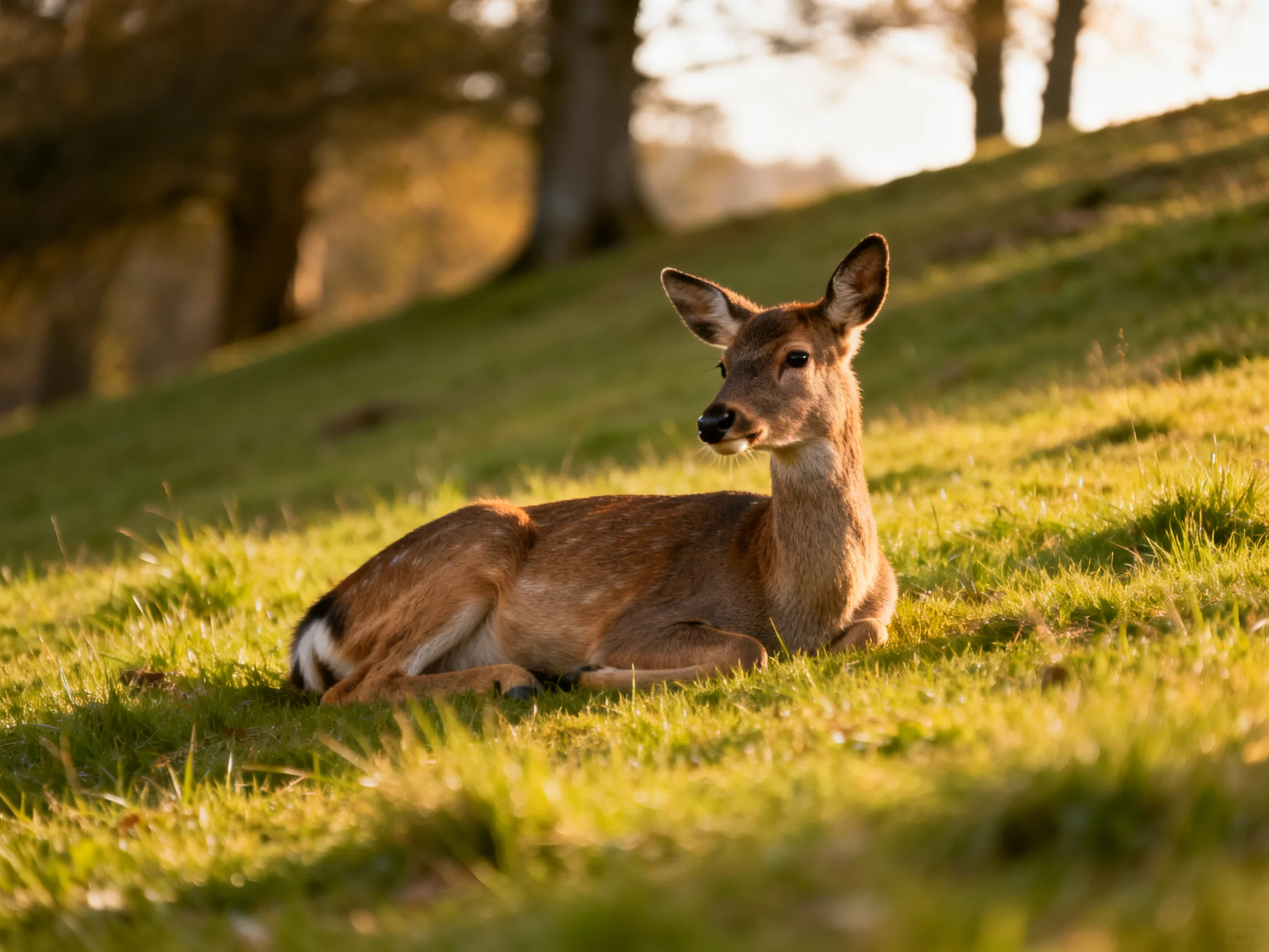 A deer lies peacefully on a grassy hill in a sunlit forest clearing.