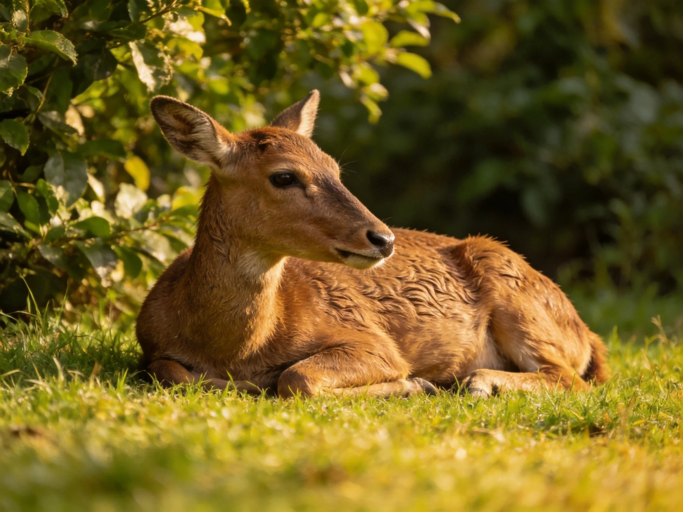 A brown deer relaxes on grass in a sunlit area with leafy bushes nearby.