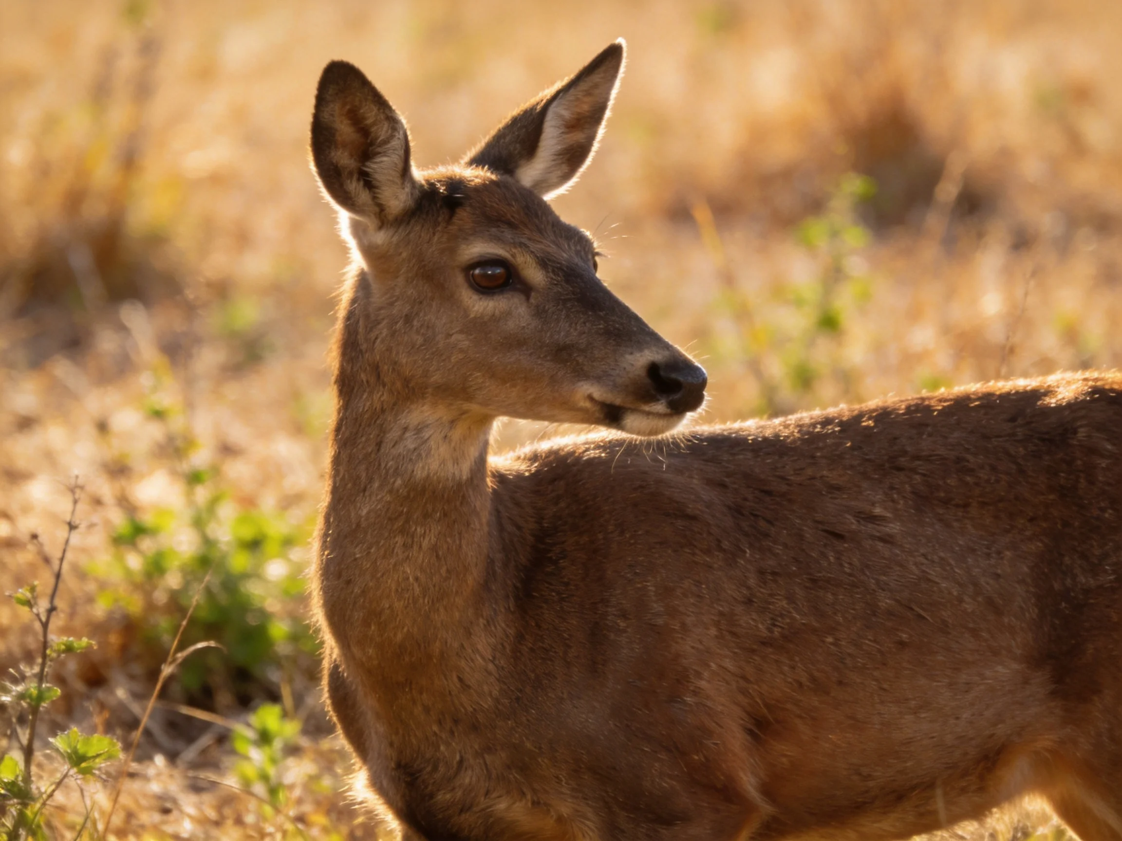 A brown deer stands alert in a sunlit grassy field