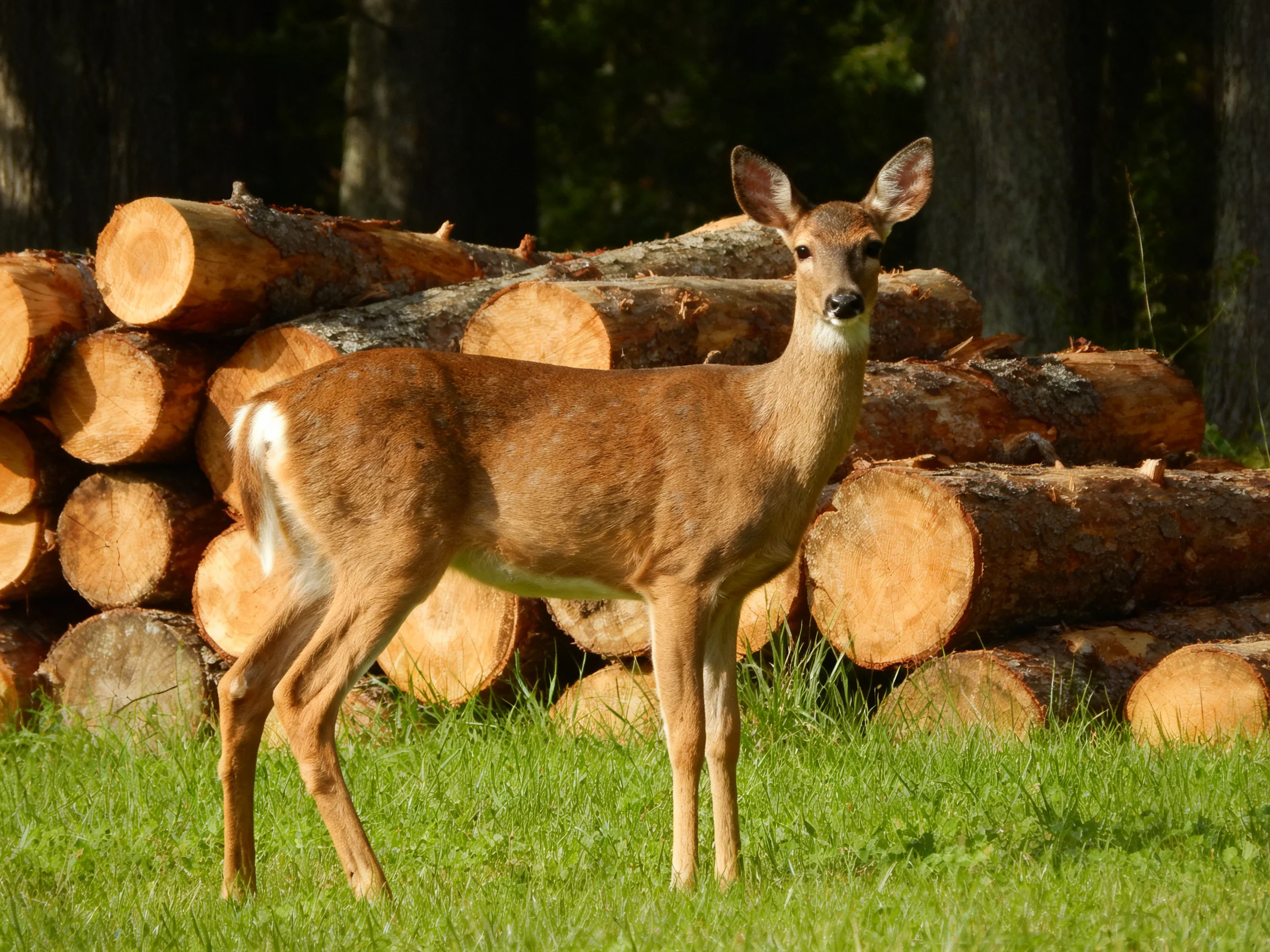 A brown deer stands near stacked cut logs in bright daylight.