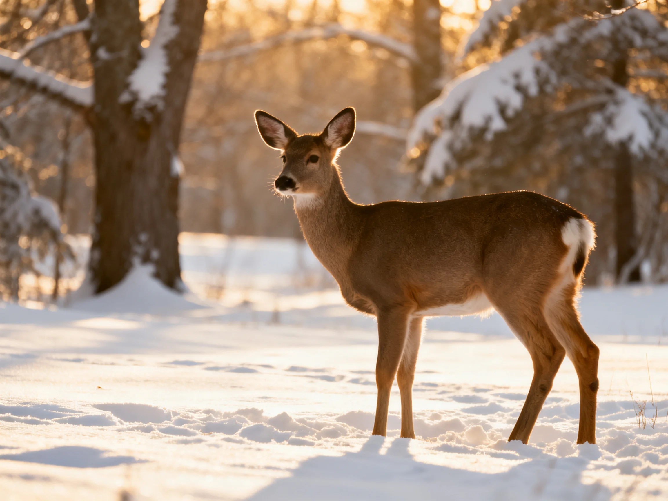 A brown deer stands in a snowy forest during golden hour