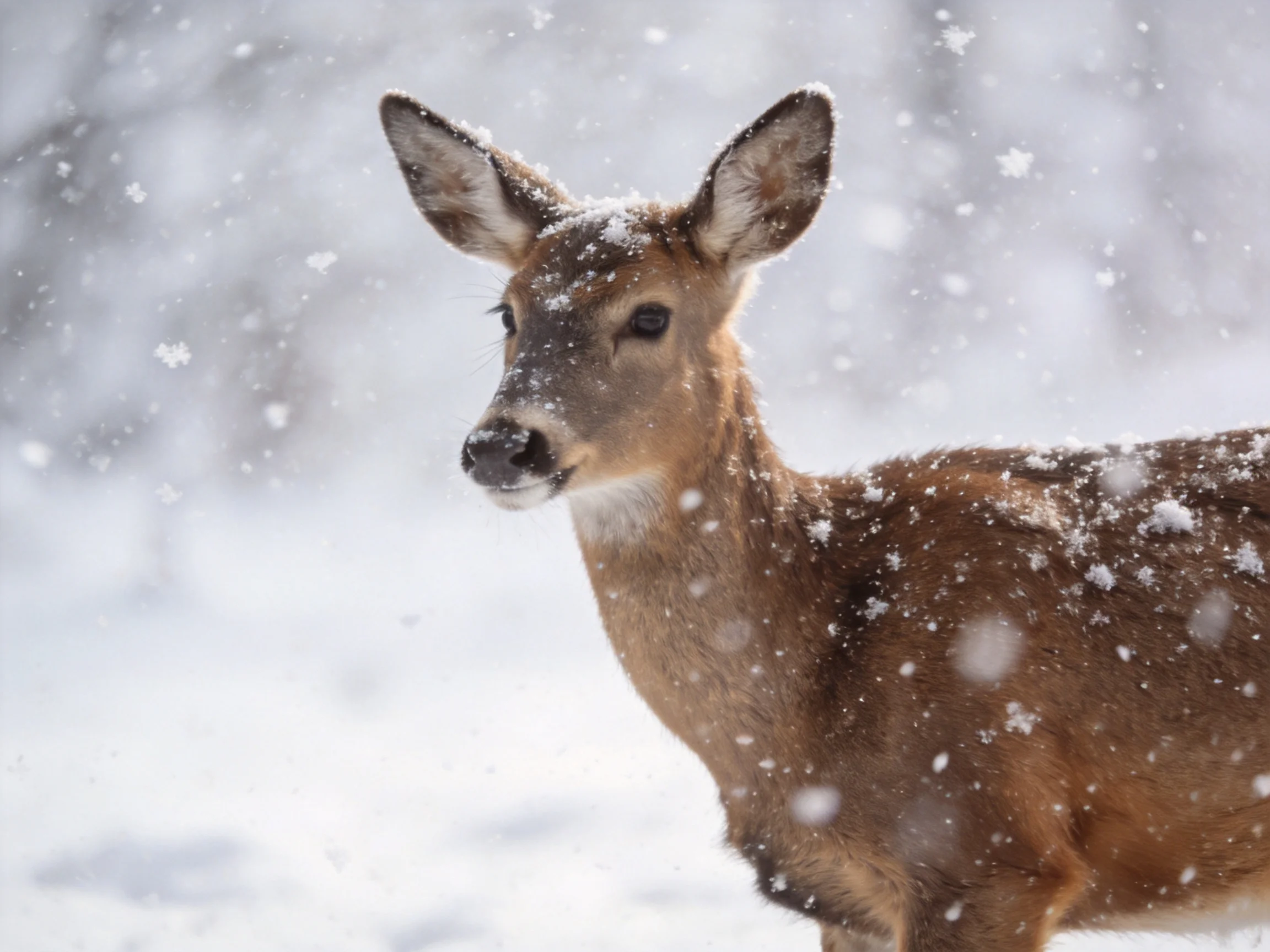 A brown deer stands calmly in a snowy winter scene with falling snow.