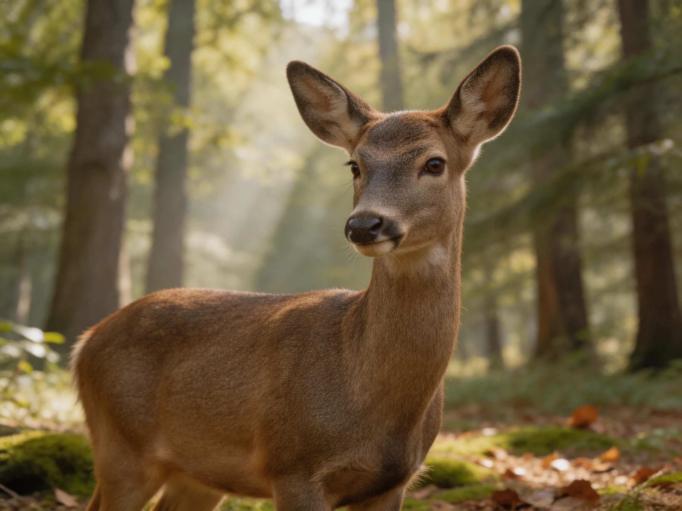 A deer stands alert among tall trees in a sunlit forest.