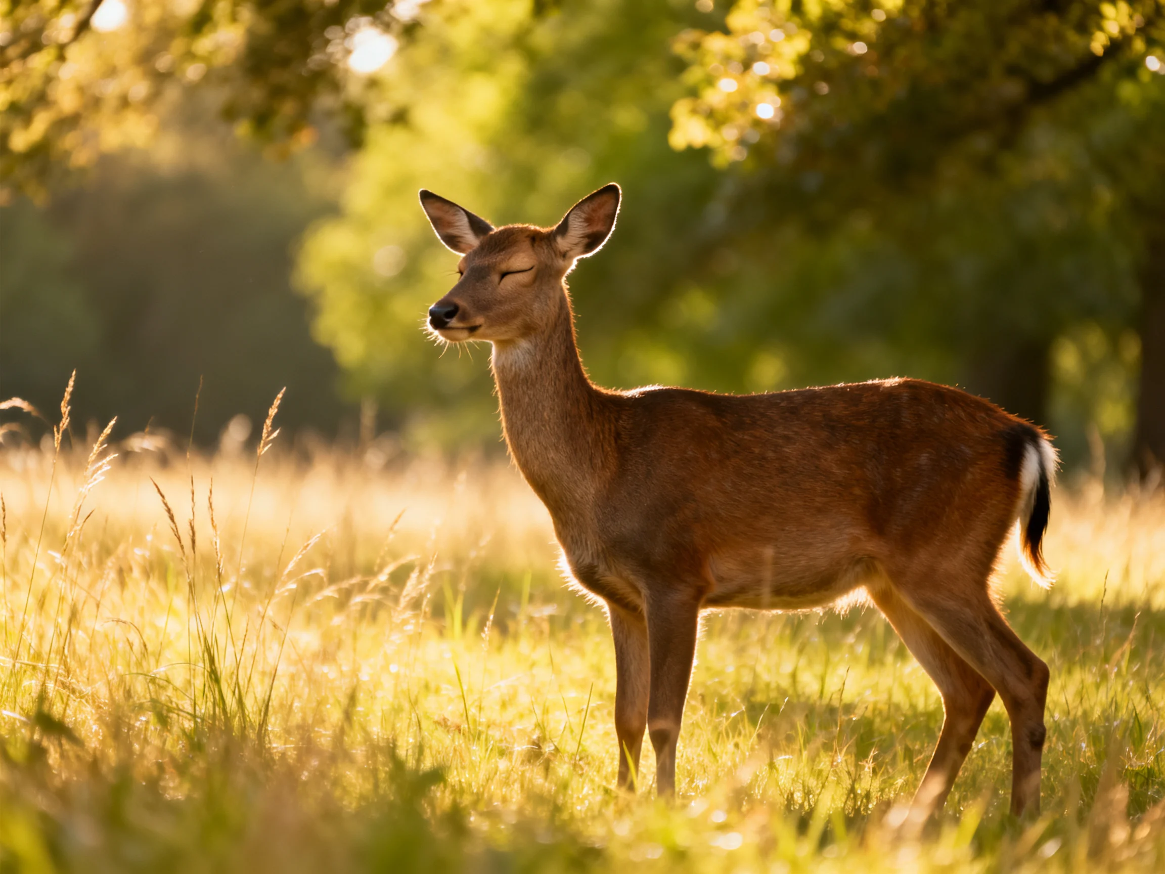 A brown deer stands in a sunlit meadow with tall grass and trees.