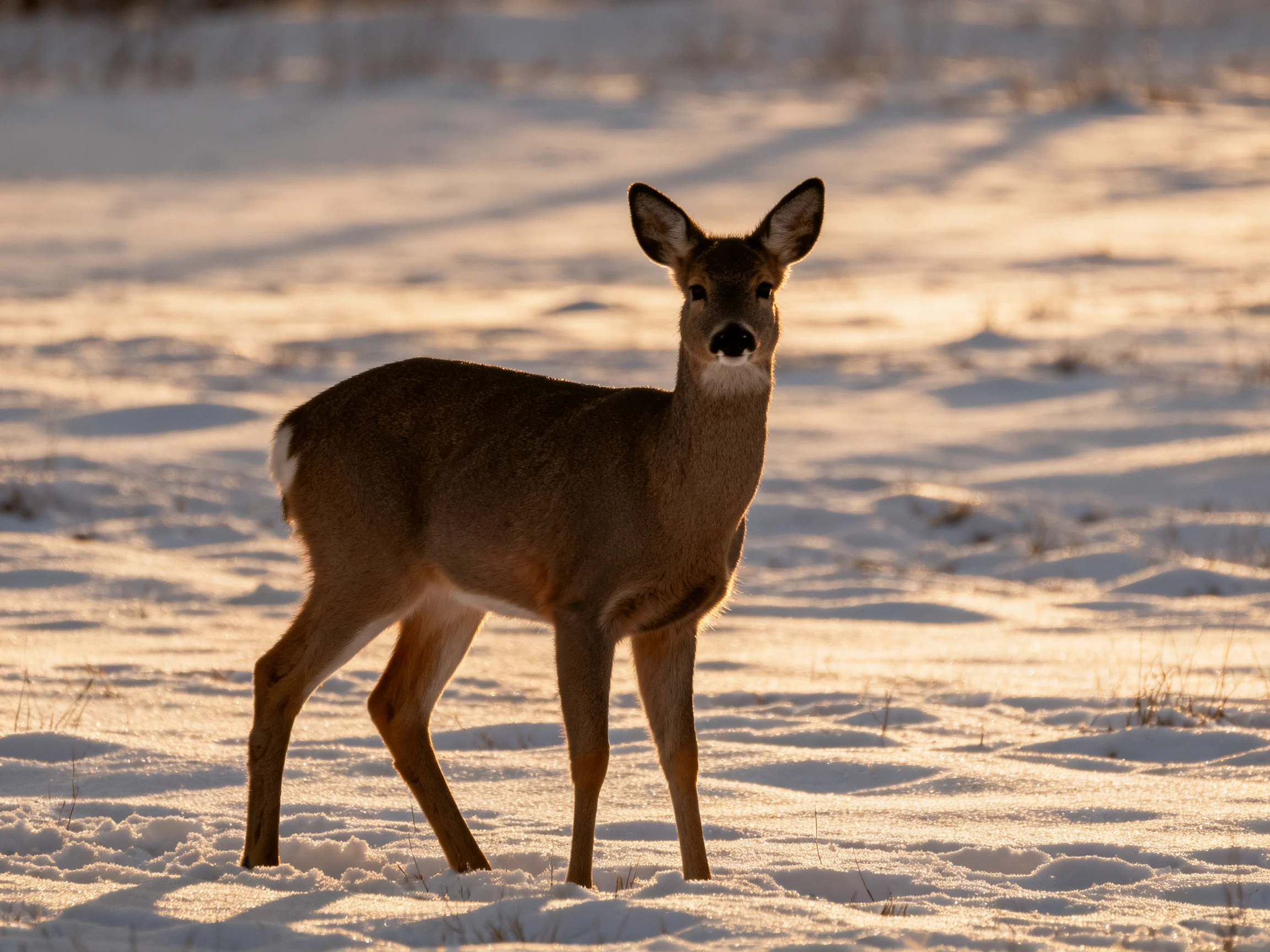 A brown deer stands in a sunlit snowy field