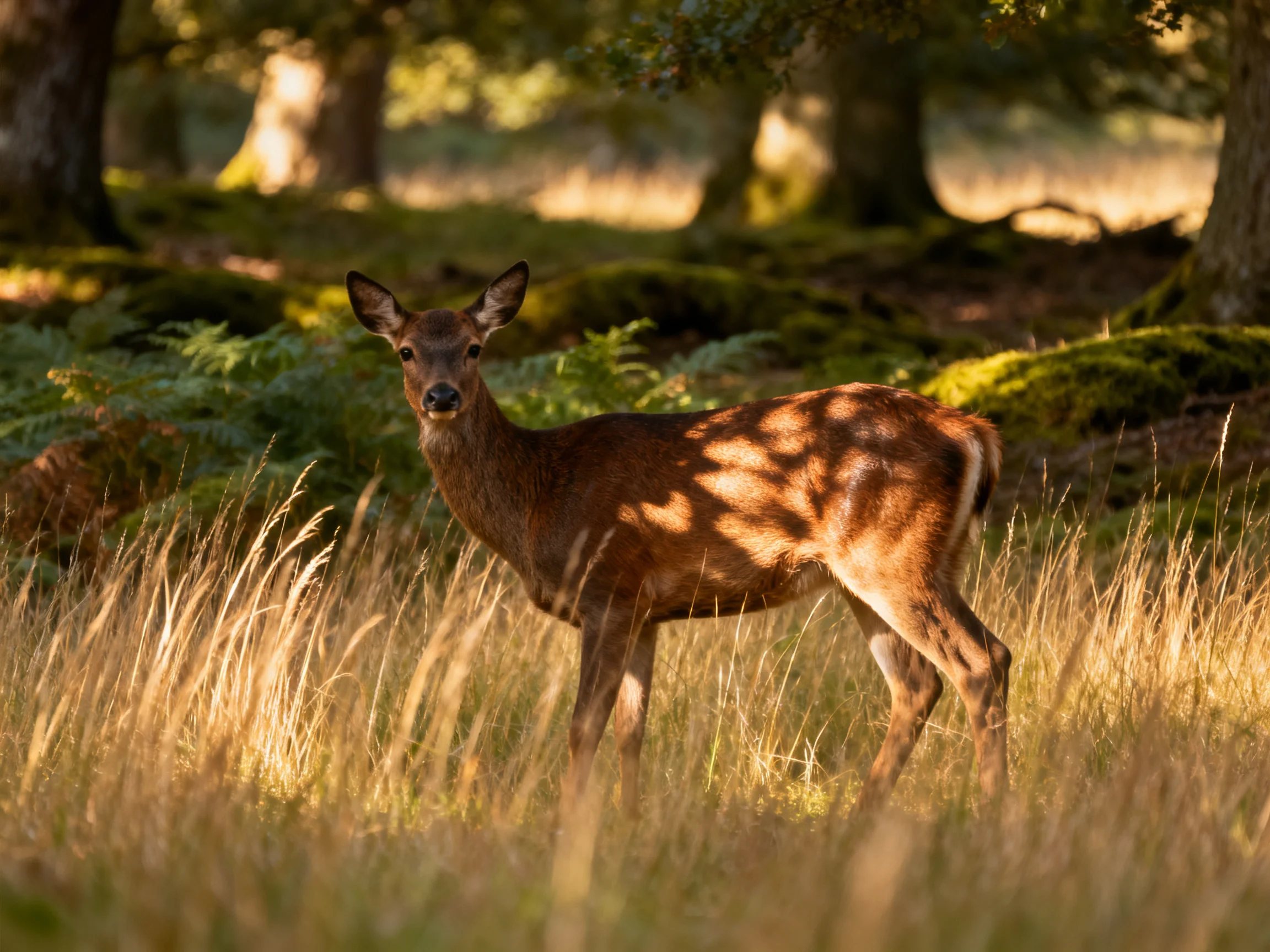 A deer stands in golden grass near mossy trees.