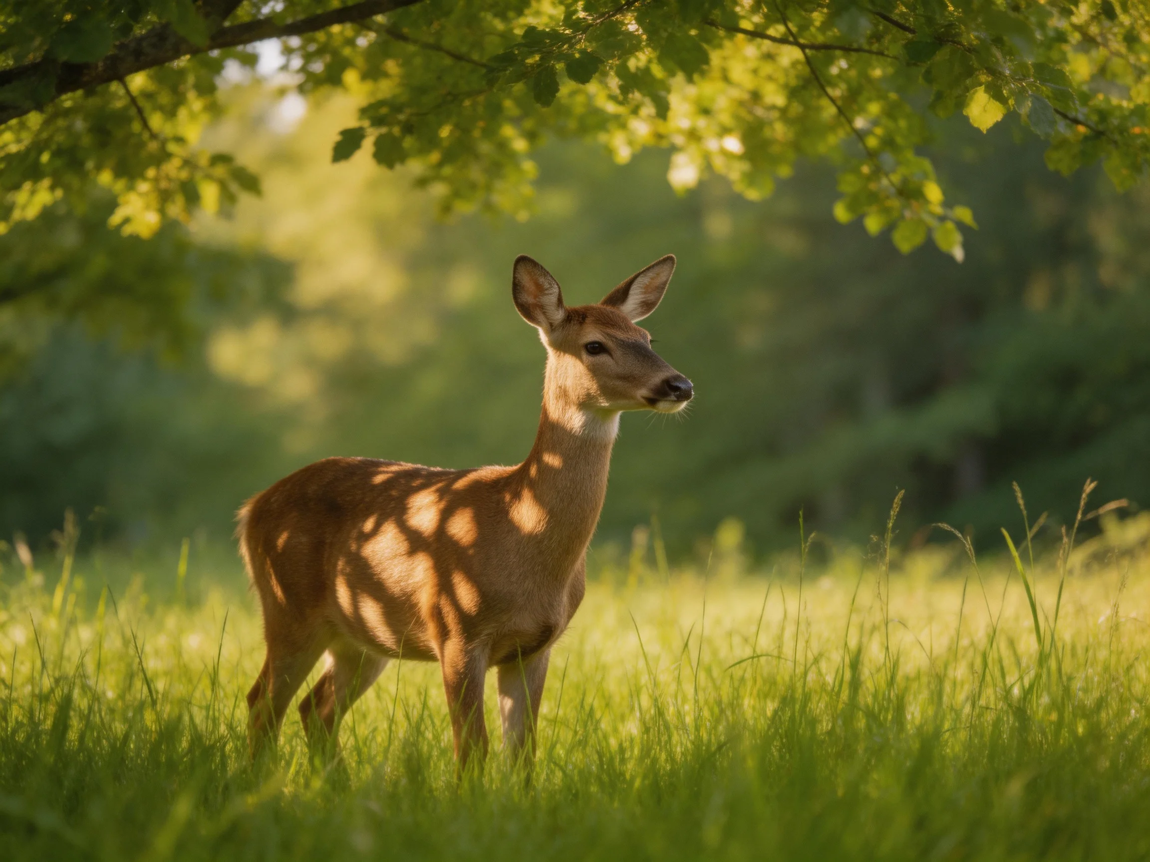A deer stands in a sunlit meadow with tall grass and trees.