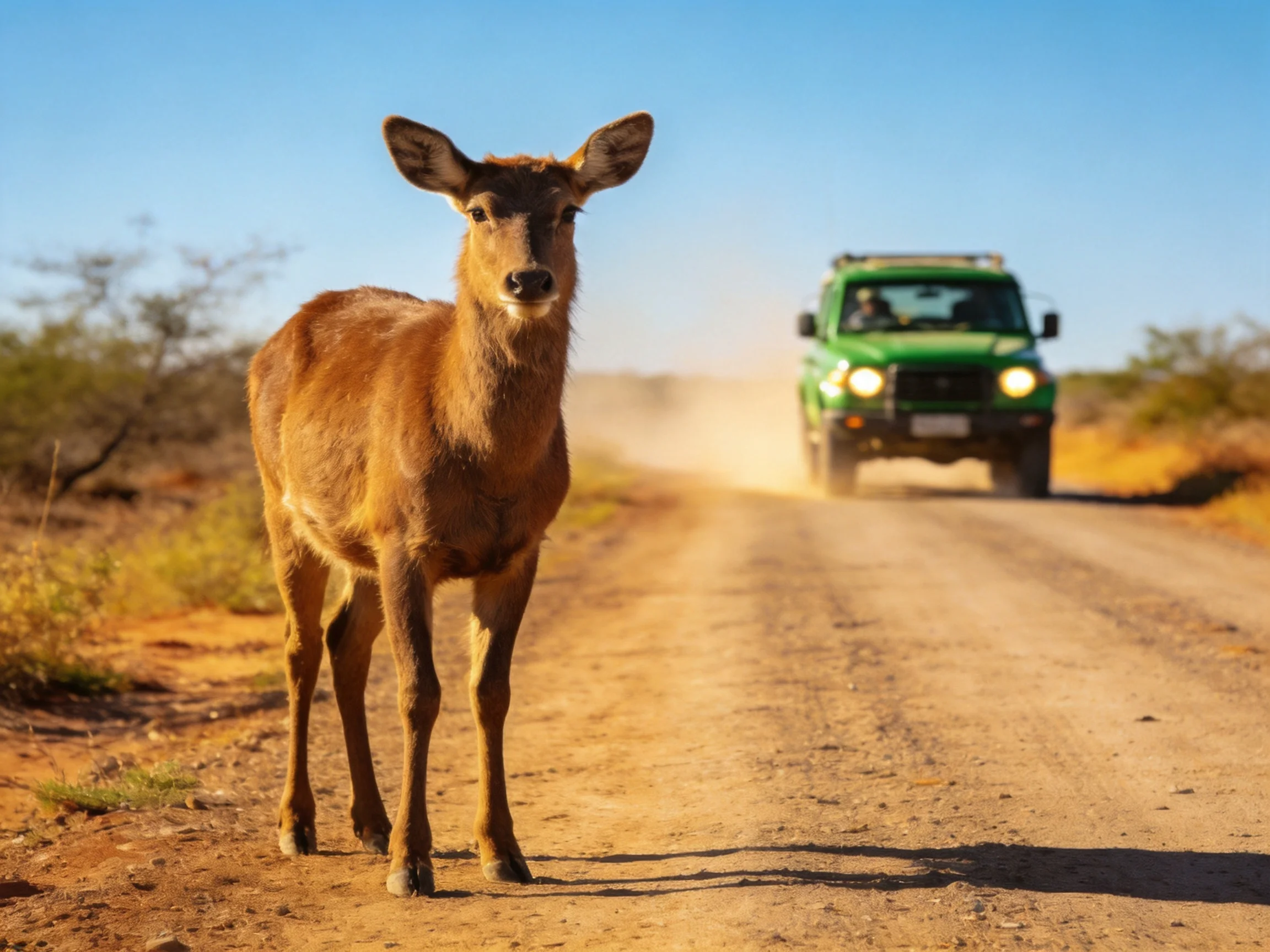 A brown deer stands on a dusty road beside a green off-road vehicle