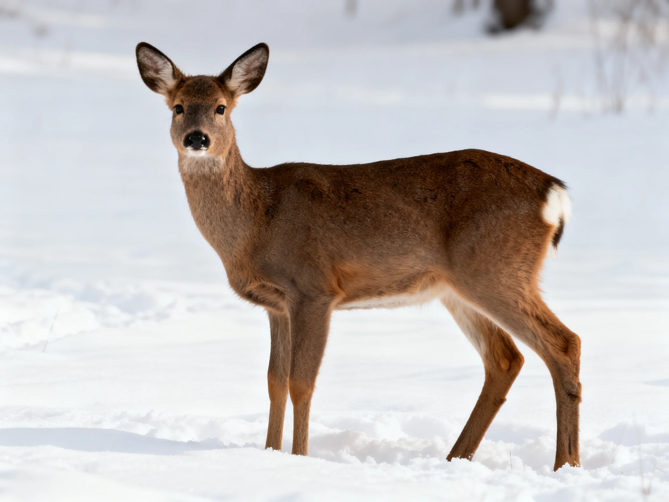 A brown deer stands in the snow, facing forward.